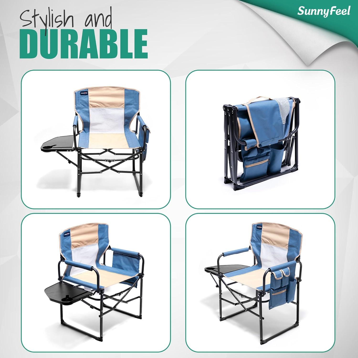 image:imageSUNNYFEEL Oversized Camping Directors Chair Portable Folding Lawn Chairs for Adults Heavy Duty with Side TablePocket for Beach FishingPicnicConcertTailgatingOutdoor Foldable Camp ChairKhaki