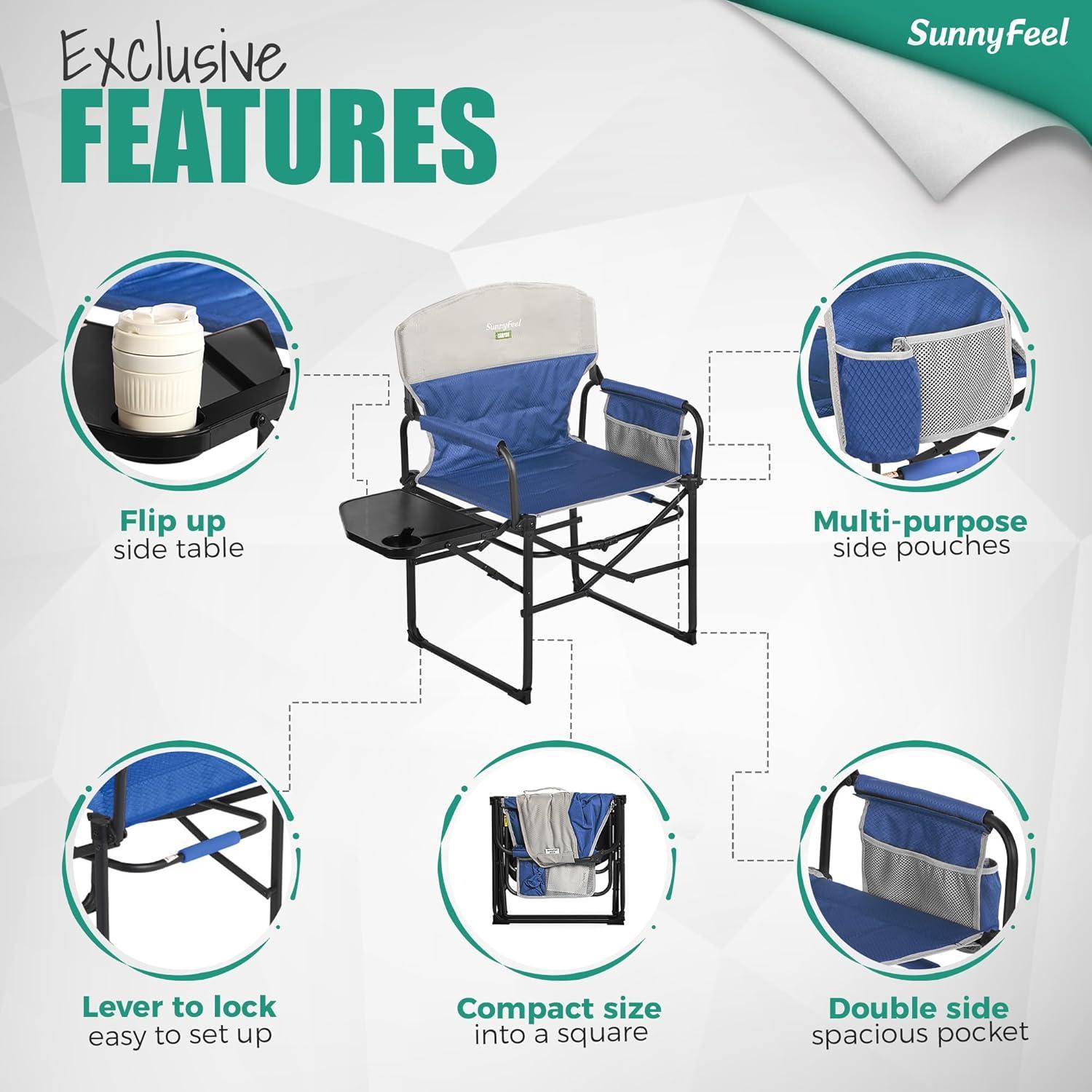 image:imageSUNNYFEEL Oversized Camping Directors Chair Portable Folding Lawn Chairs for Adults Heavy Duty with Side TablePocket for Beach FishingPicnicConcertTailgatingOutdoor Foldable Camp ChairPadded Blue