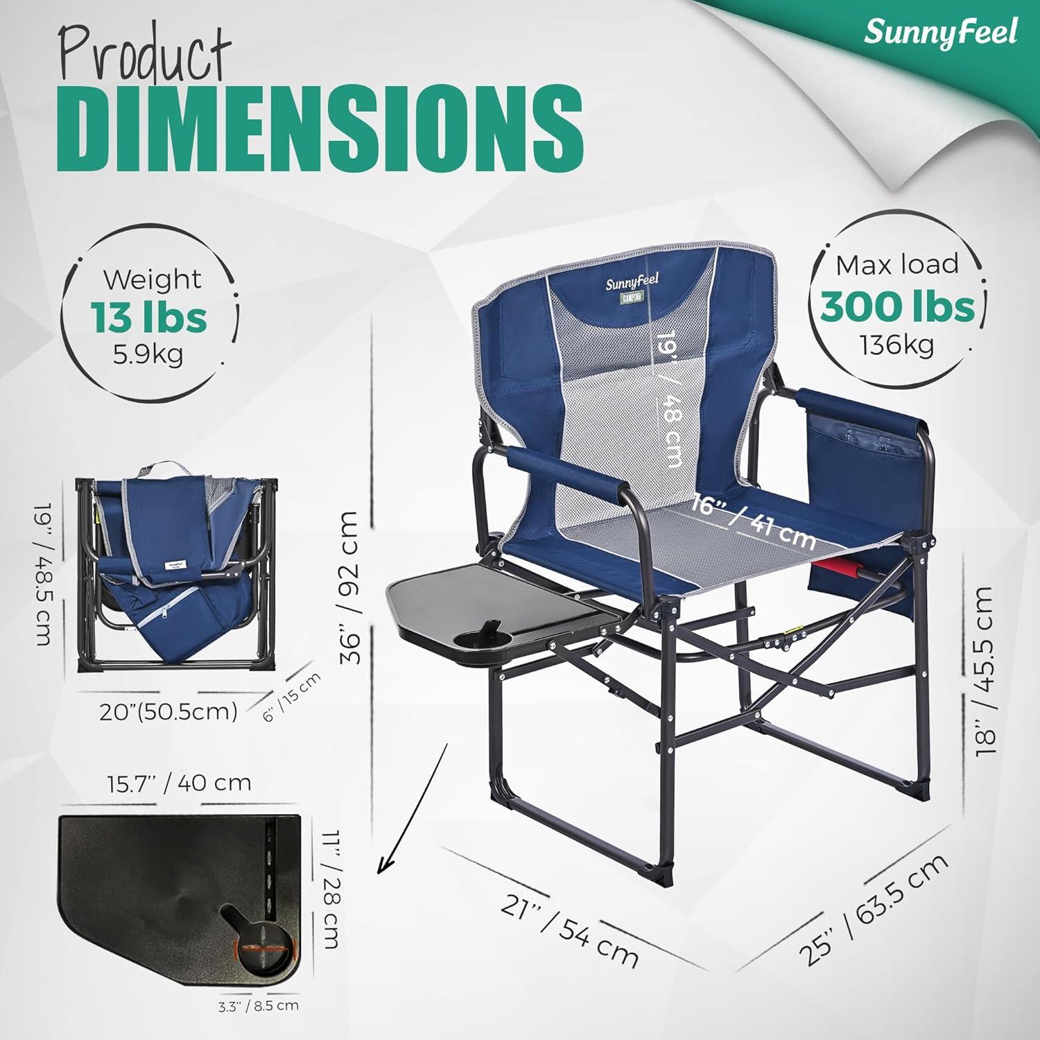 image:imageSUNNYFEEL Oversized Camping Directors Chair Portable Folding Lawn Chairs for Adults Heavy Duty with Side TablePocket for Beach FishingPicnicConcertTailgatingOutdoor Foldable Camp ChairNavy Blue