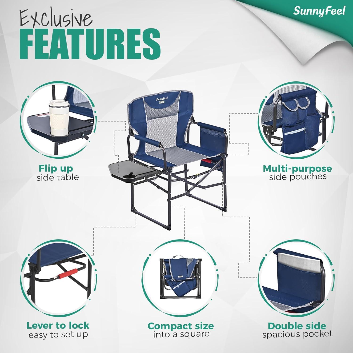 image:imageSUNNYFEEL Oversized Camping Directors Chair Portable Folding Lawn Chairs for Adults Heavy Duty with Side TablePocket for Beach FishingPicnicConcertTailgatingOutdoor Foldable Camp ChairNavy Blue