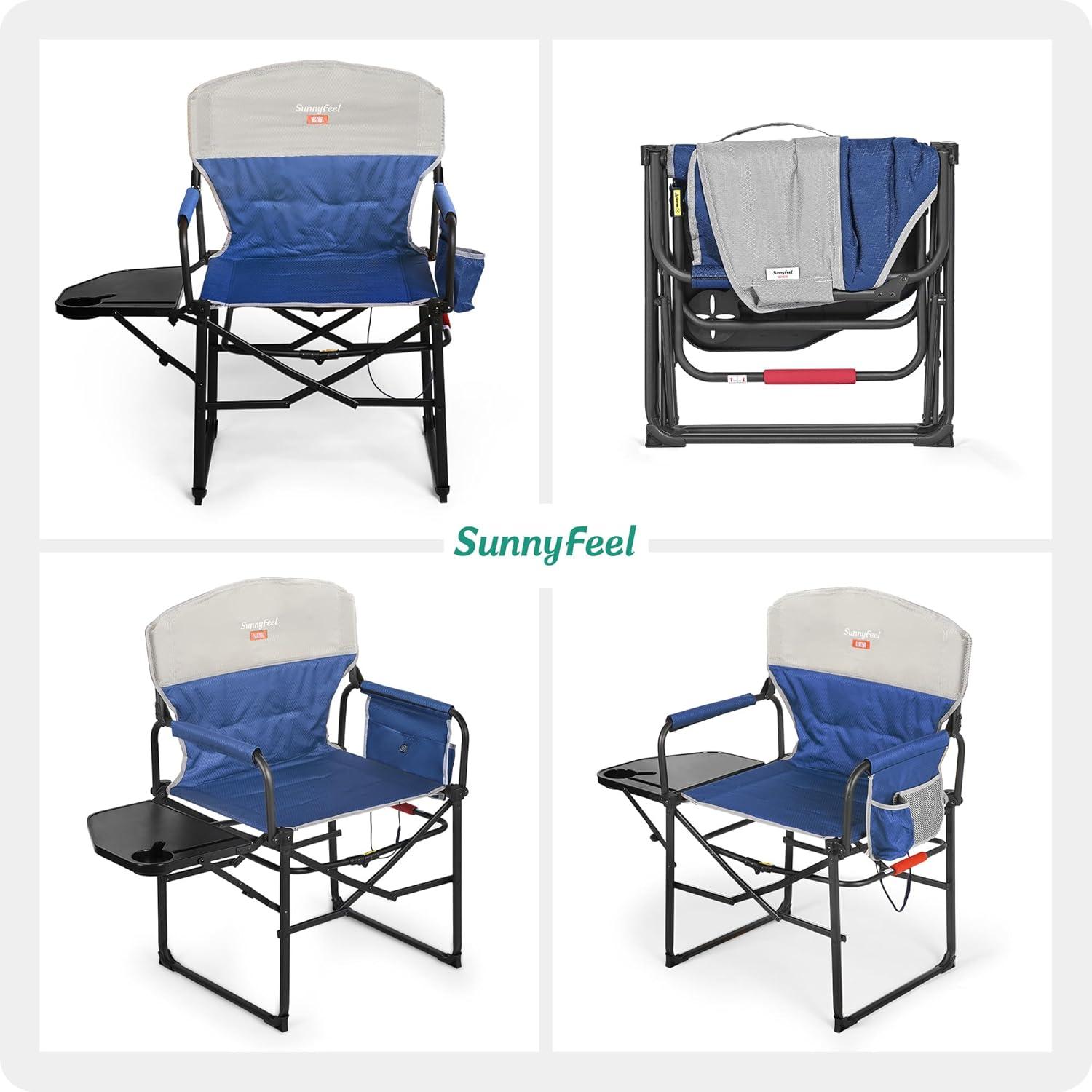 image:imageSUNNYFEEL Oversized Camping Directors Chair Portable Folding Lawn Chairs for Adults Heavy Duty with Side TablePocket for Beach FishingPicnicConcertTailgatingOutdoor Foldable Camp ChairHeated Blue