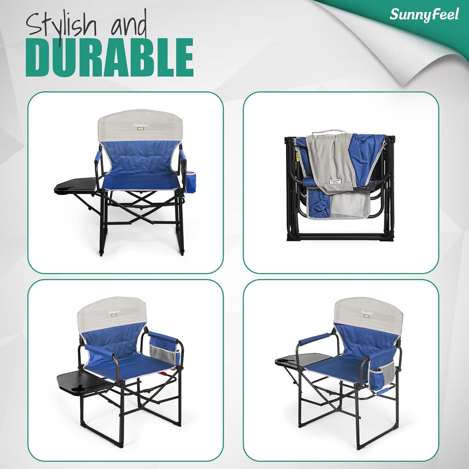 image:imageSUNNYFEEL Oversized Camping Directors Chair Portable Folding Lawn Chairs for Adults Heavy Duty with Side TablePocket for Beach FishingPicnicConcertTailgatingOutdoor Foldable Camp ChairPadded Blue