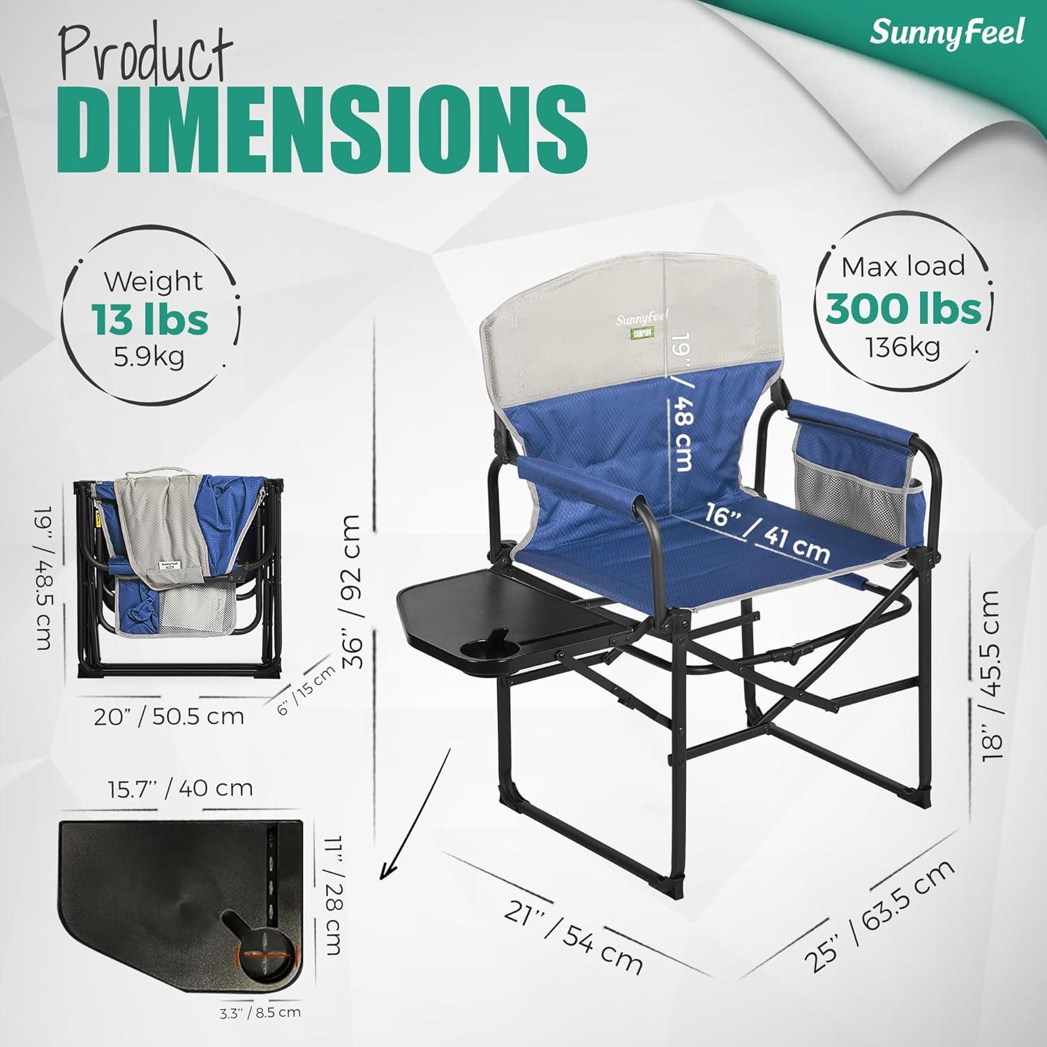 image:imageSUNNYFEEL Oversized Camping Directors Chair Portable Folding Lawn Chairs for Adults Heavy Duty with Side TablePocket for Beach FishingPicnicConcertTailgatingOutdoor Foldable Camp ChairPadded Blue