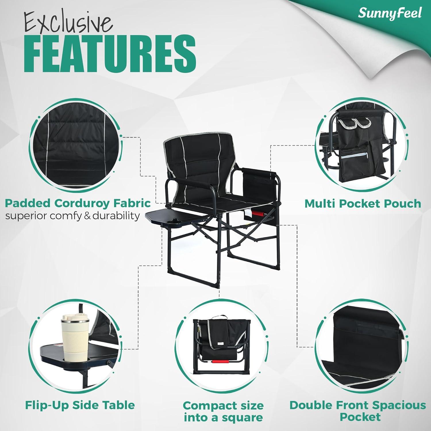 image:imageSUNNYFEEL Oversized Camping Directors Chair Portable Folding Lawn Chairs for Adults Heavy Duty with Side TablePocket for Beach FishingPicnicConcertTailgatingOutdoor Foldable Camp ChairBlack Padded