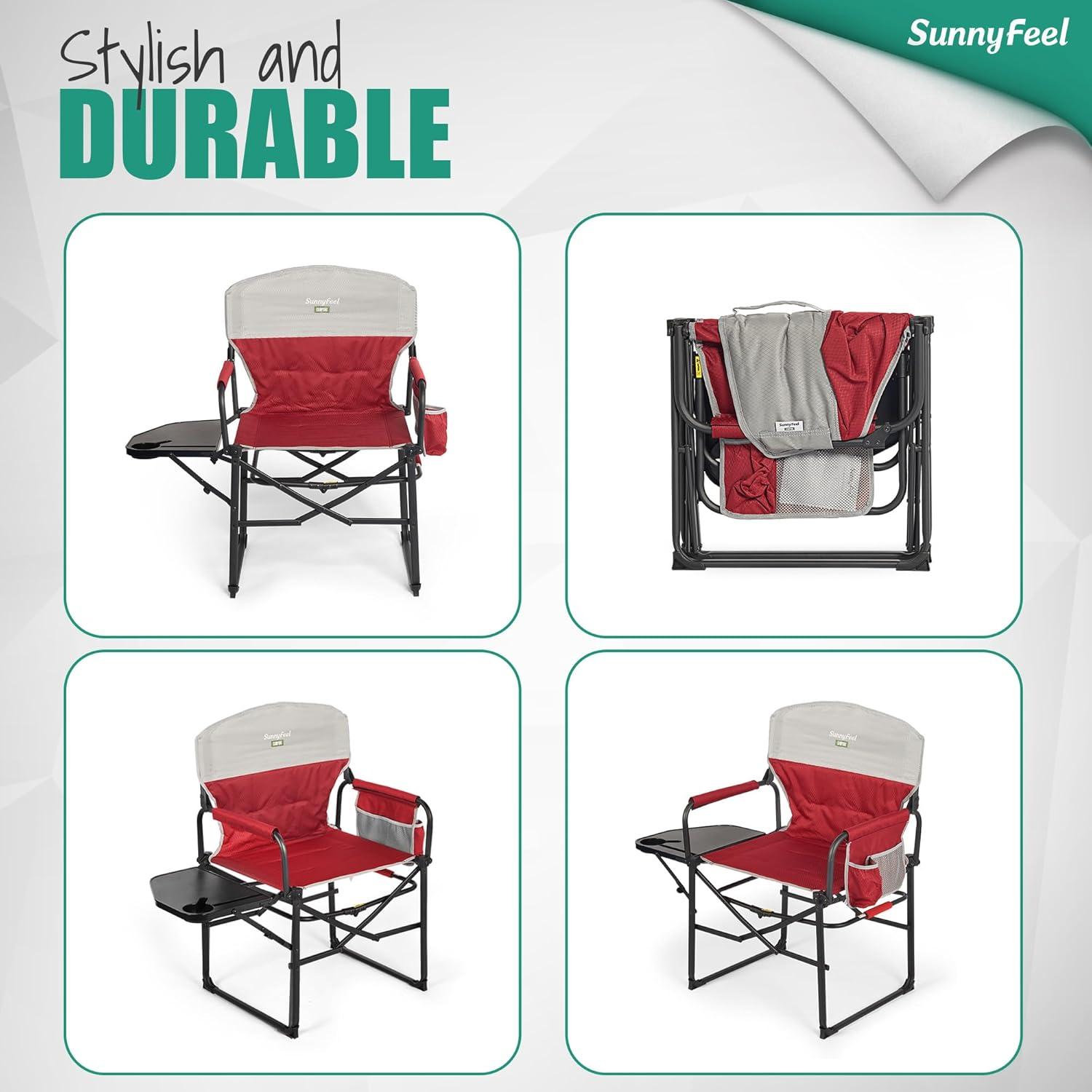 image:imageSUNNYFEEL Oversized Camping Directors Chair Portable Folding Lawn Chairs for Adults Heavy Duty with Side TablePocket for Beach FishingPicnicConcertTailgatingOutdoor Foldable Camp ChairPadded Red