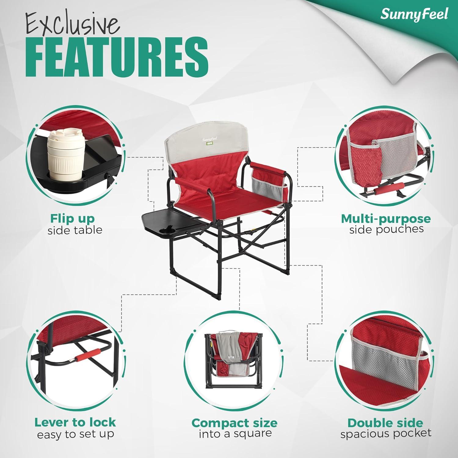 image:imageSUNNYFEEL Oversized Camping Directors Chair Portable Folding Lawn Chairs for Adults Heavy Duty with Side TablePocket for Beach FishingPicnicConcertTailgatingOutdoor Foldable Camp ChairPadded Red