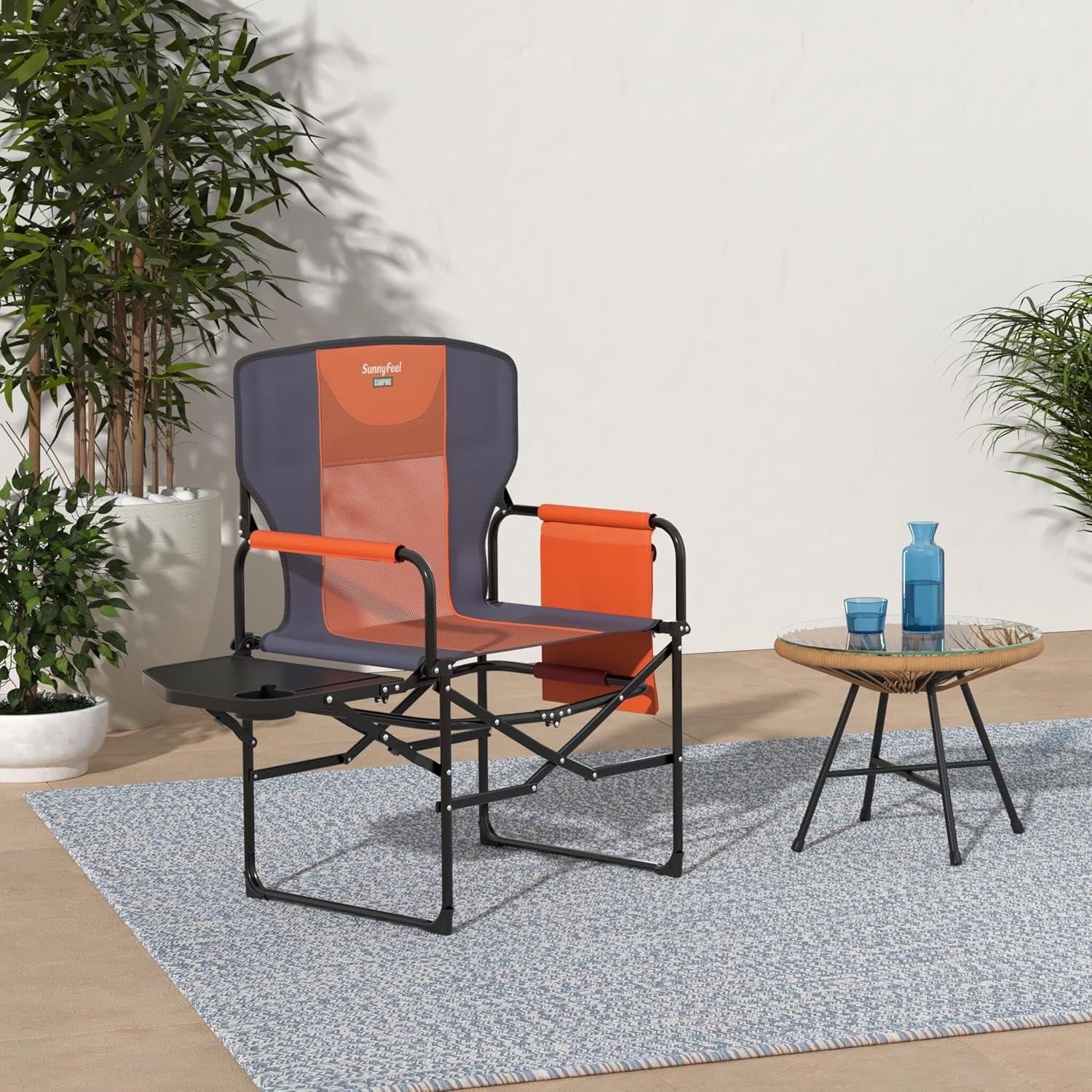 image:imageSUNNYFEEL Oversized Camping Directors Chair Portable Folding Lawn Chairs for Adults Heavy Duty with Side TablePocket for Beach FishingPicnicConcertTailgatingOutdoor Foldable Camp ChairOrange