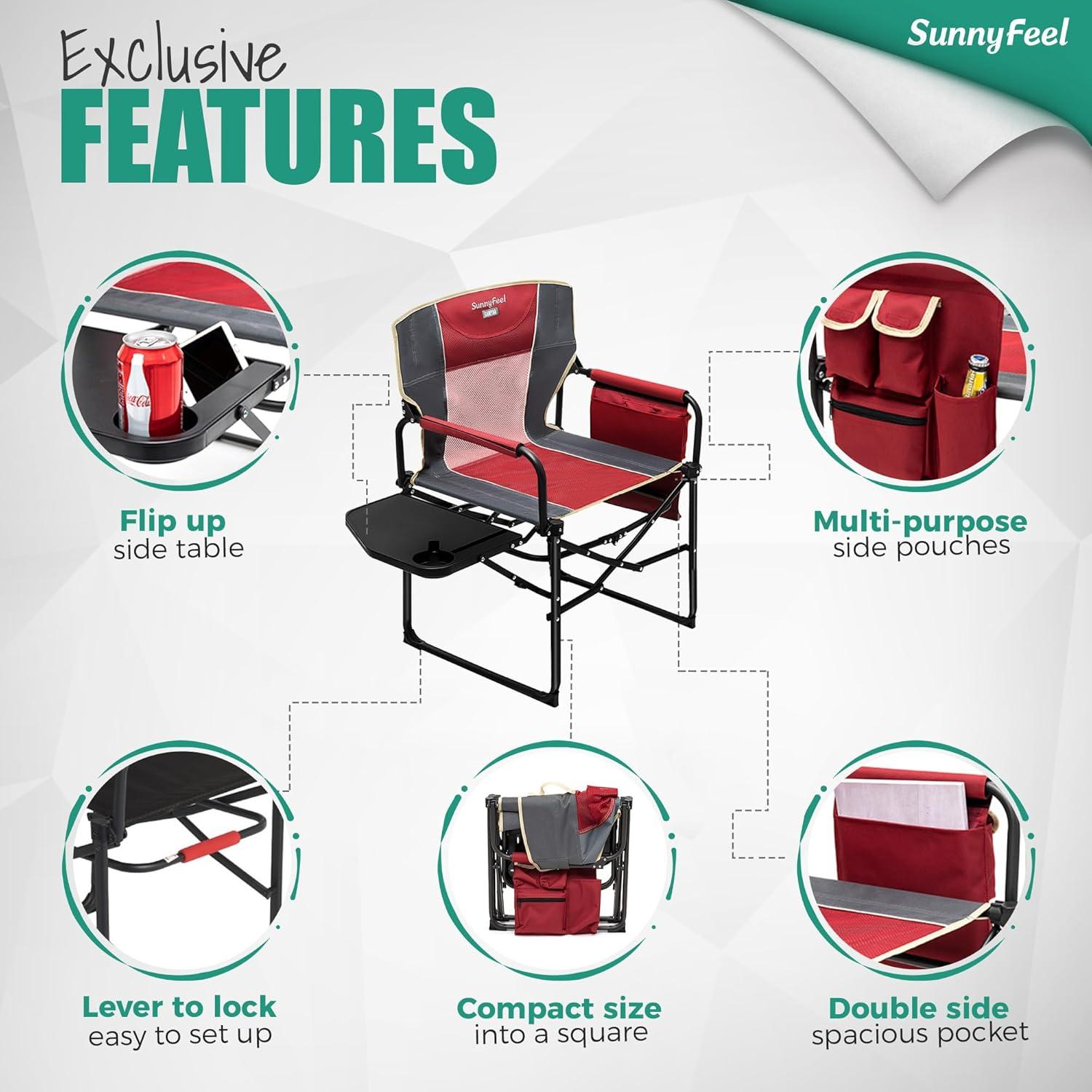 image:imageSUNNYFEEL Oversized Camping Directors Chair Portable Folding Lawn Chairs for Adults Heavy Duty with Side TablePocket for Beach FishingPicnicConcertTailgatingOutdoor Foldable Camp ChairRed
