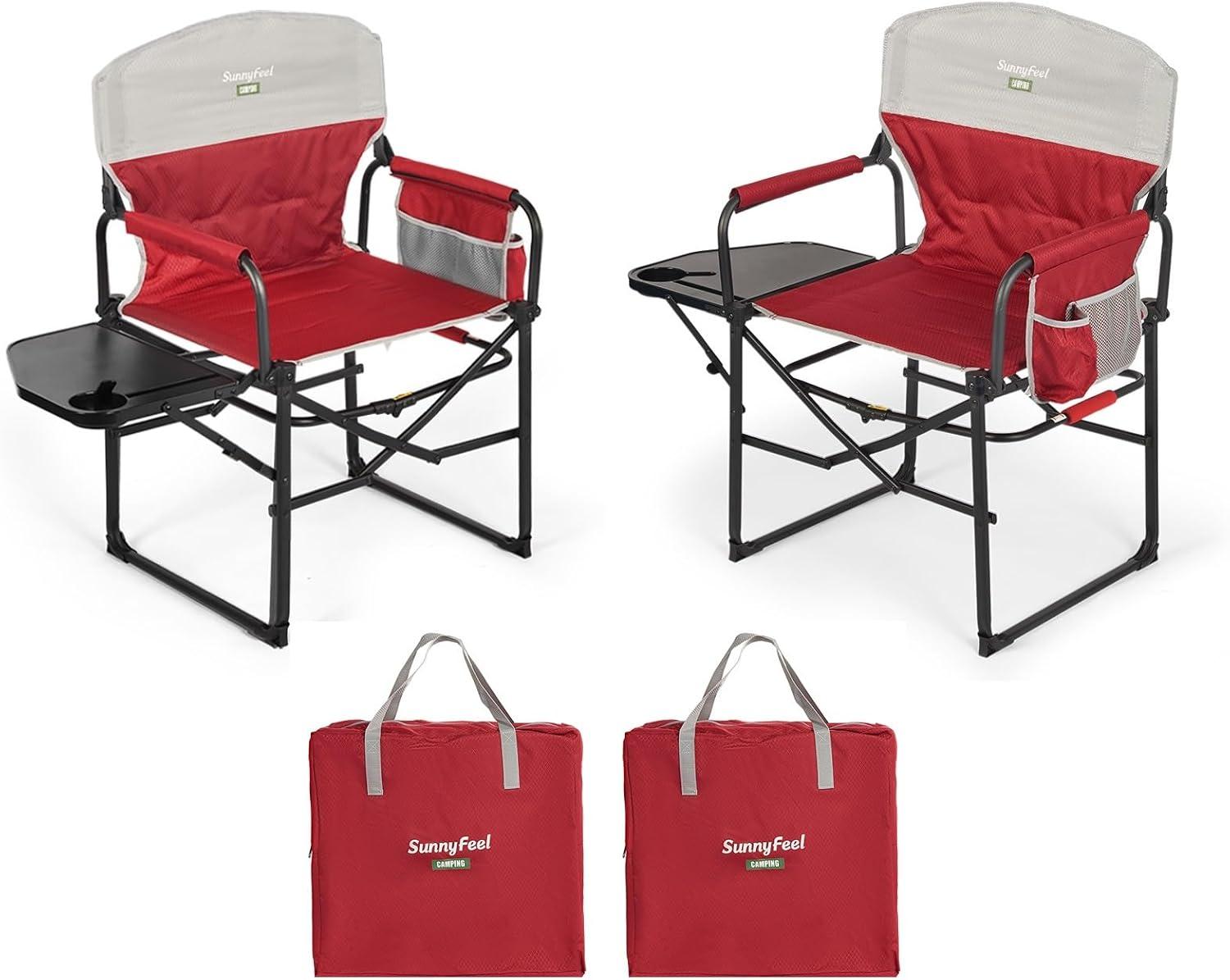 image:imageSUNNYFEEL Oversized Camping Directors Chair Portable Folding Lawn Chairs for Adults Heavy Duty with Side TablePocket for Beach FishingPicnicConcertTailgatingOutdoor Foldable Camp ChairPadded Red