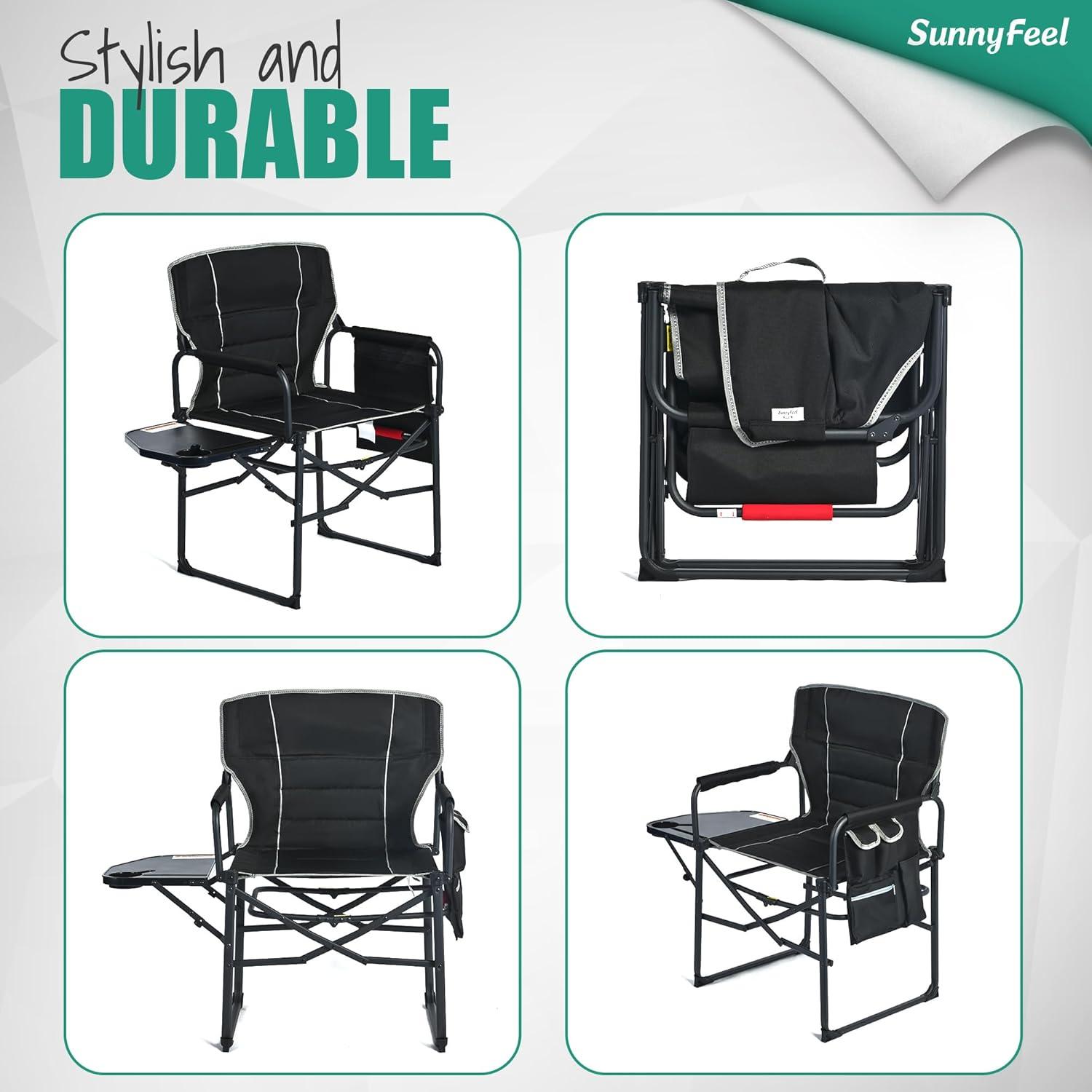 image:imageSUNNYFEEL Oversized Camping Directors Chair Portable Folding Lawn Chairs for Adults Heavy Duty with Side TablePocket for Beach FishingPicnicConcertTailgatingOutdoor Foldable Camp ChairBlack Padded