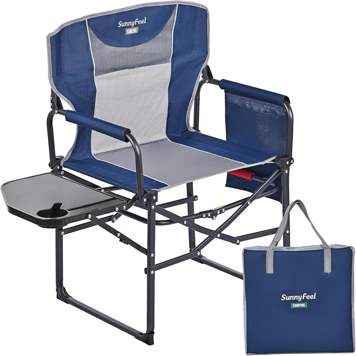 image:imageSUNNYFEEL Oversized Camping Directors Chair Portable Folding Lawn Chairs for Adults Heavy Duty with Side TablePocket for Beach FishingPicnicConcertTailgatingOutdoor Foldable Camp ChairNavy Blue