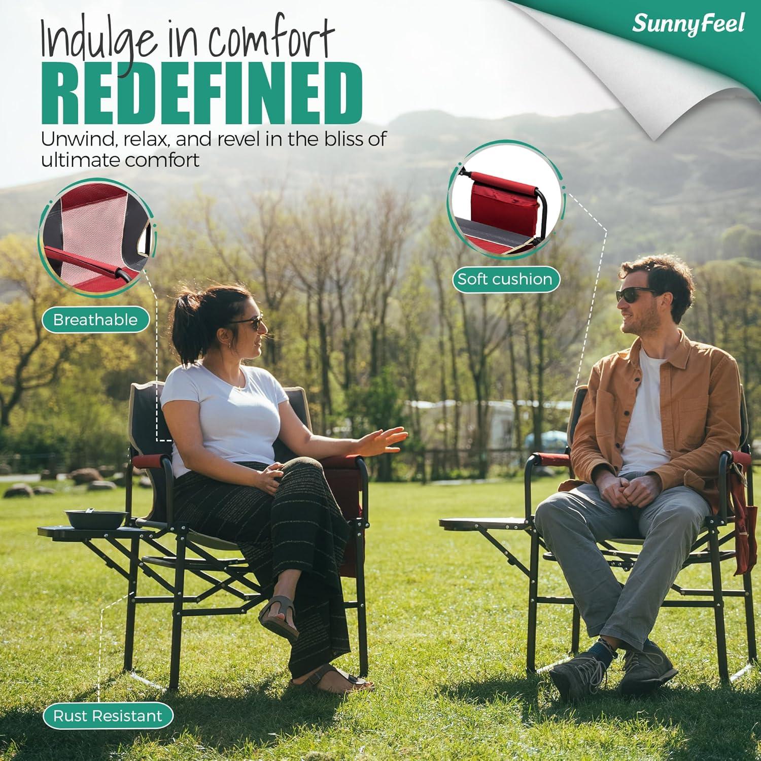 image:imageSUNNYFEEL Oversized Camping Directors Chair Portable Folding Lawn Chairs for Adults Heavy Duty with Side TablePocket for Beach FishingPicnicConcertTailgatingOutdoor Foldable Camp ChairRed