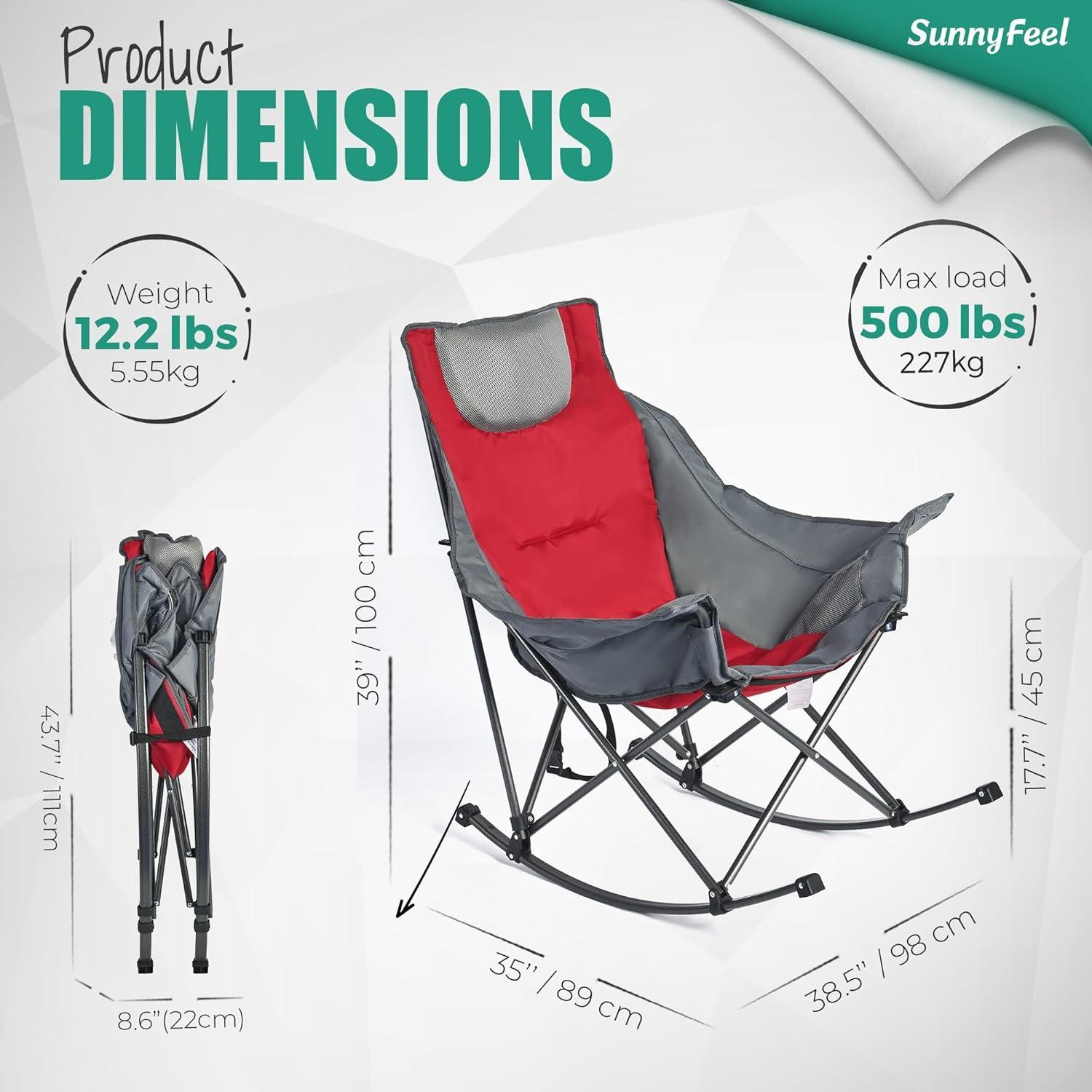 image:imageSUNNYFEEL Oversized Rocking Camping Chair Fully Padded Patio Chair with Side Pocket High Back Portable Lawn Recliner with Headrest Outdoor Camp Rocker Chairs for Adults Heavy Duty 500 LBS Carry BagRed Grey