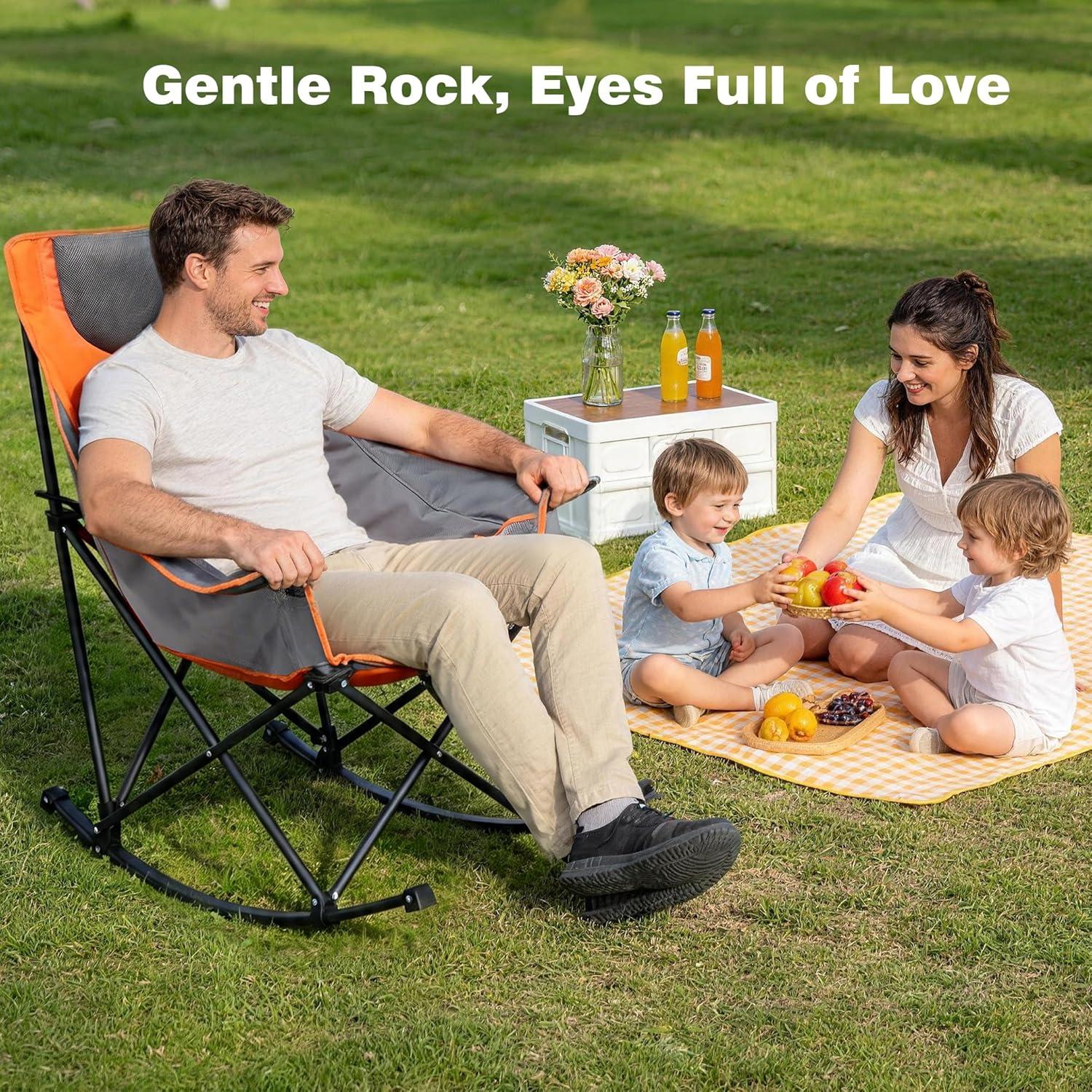 image:imageSUNNYFEEL Oversized Rocking Camping Chair Fully Padded Patio Chair with Side Pocket High Back Portable Lawn Recliner with Headrest Outdoor Camp Rocker Chairs for Adults Heavy Duty 500 LBS Carry BagOrange