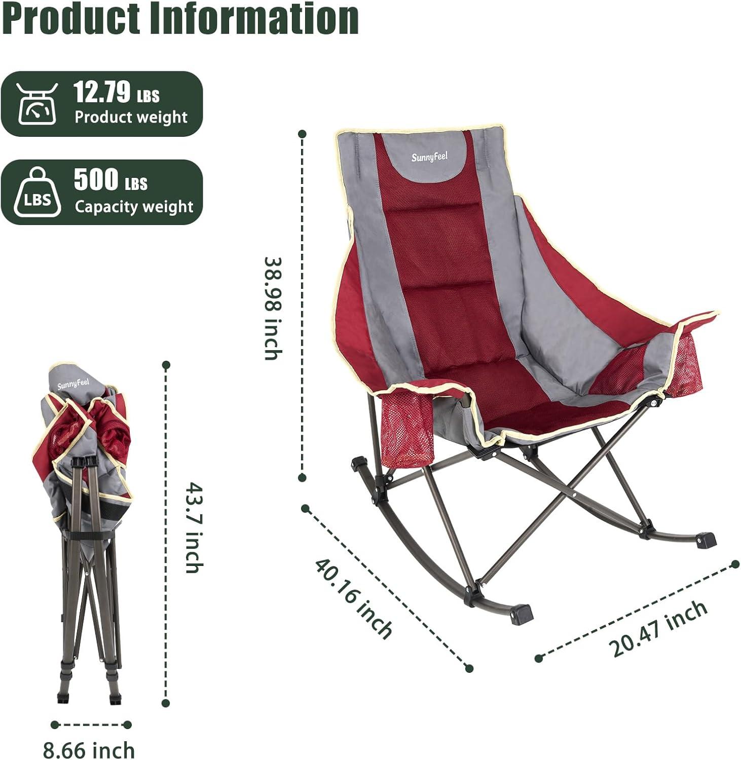 image:imageSUNNYFEEL Oversized Rocking Camping Chair Fully Padded Patio Chair with Side Pocket High Back Portable Lawn Recliner with Headrest Outdoor Camp Rocker Chairs for Adults Heavy Duty 500 LBS Carry BagMesh Red