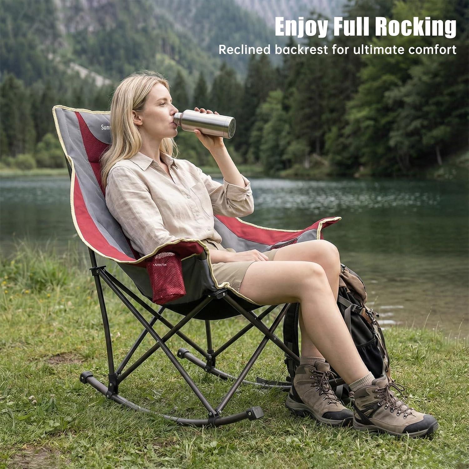 image:imageSUNNYFEEL Oversized Rocking Camping Chair Fully Padded Patio Chair with Side Pocket High Back Portable Lawn Recliner with Headrest Outdoor Camp Rocker Chairs for Adults Heavy Duty 500 LBS Carry BagMesh Red