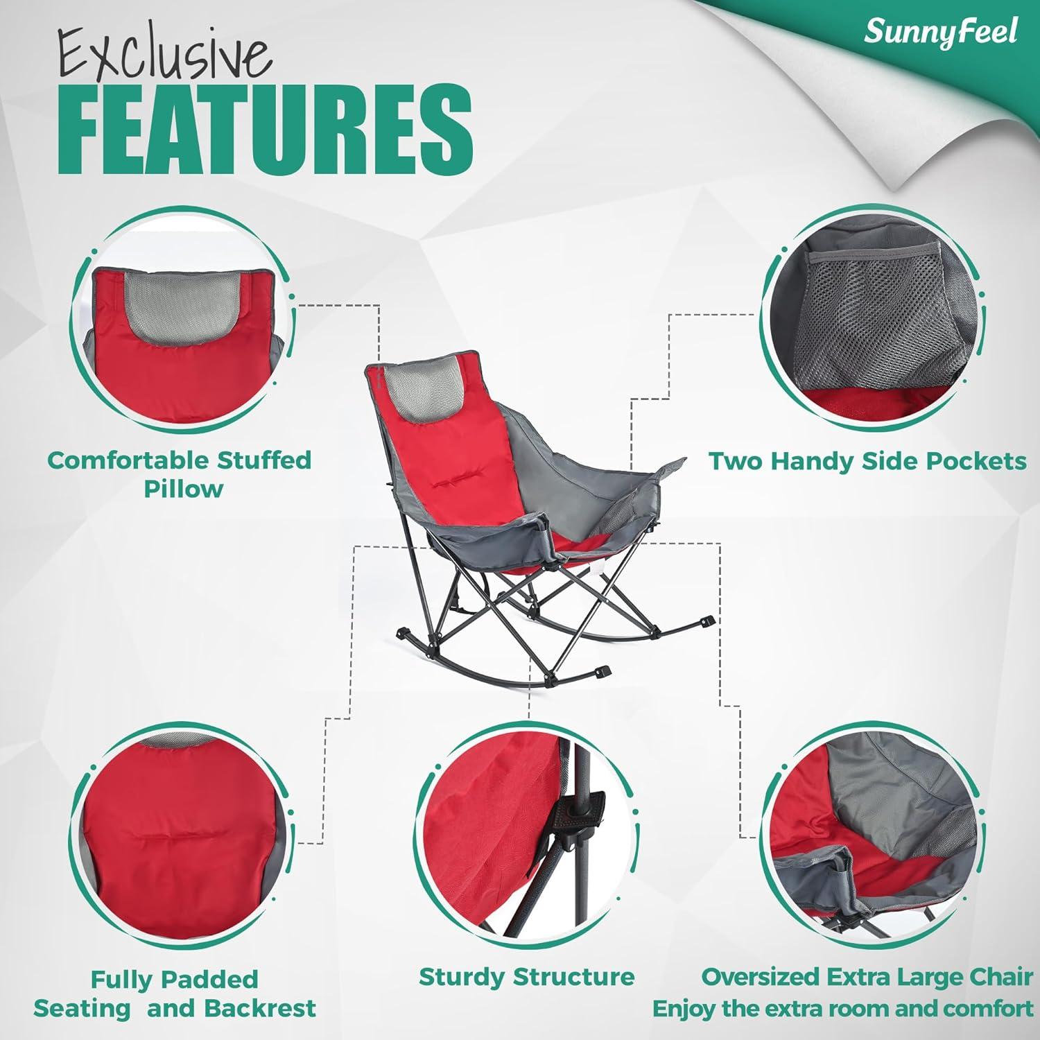 image:imageSUNNYFEEL Oversized Rocking Camping Chair Fully Padded Patio Chair with Side Pocket High Back Portable Lawn Recliner with Headrest Outdoor Camp Rocker Chairs for Adults Heavy Duty 500 LBS Carry BagRed Grey