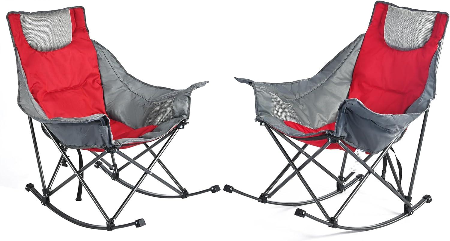 image:imageSUNNYFEEL Oversized Rocking Camping Chair Fully Padded Patio Chair with Side Pocket High Back Portable Lawn Recliner with Headrest Outdoor Camp Rocker Chairs for Adults Heavy Duty 500 LBS Carry BagRed Grey