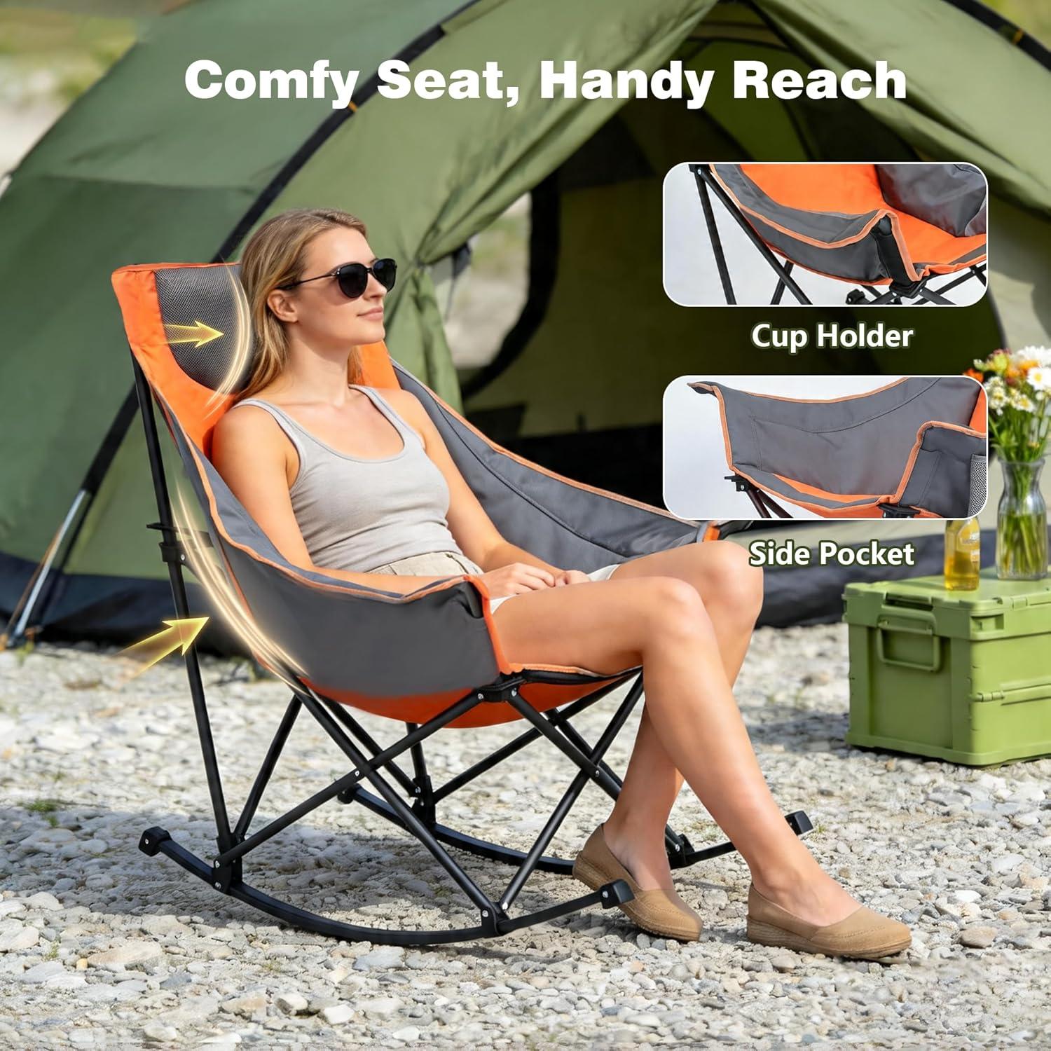 image:imageSUNNYFEEL Oversized Rocking Camping Chair Fully Padded Patio Chair with Side Pocket High Back Portable Lawn Recliner with Headrest Outdoor Camp Rocker Chairs for Adults Heavy Duty 500 LBS Carry BagOrange