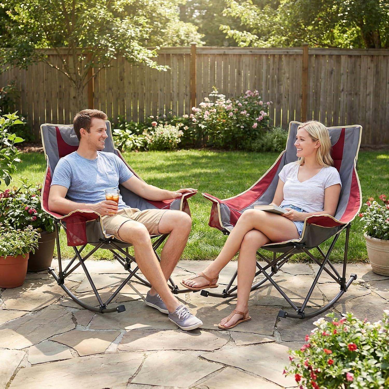 image:imageSUNNYFEEL Oversized Rocking Camping Chair Fully Padded Patio Chair with Side Pocket High Back Portable Lawn Recliner with Headrest Outdoor Camp Rocker Chairs for Adults Heavy Duty 500 LBS Carry BagMesh Red