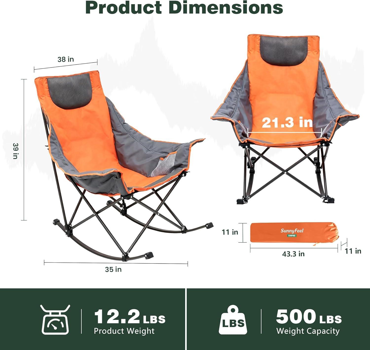 image:imageSUNNYFEEL Oversized Rocking Camping Chair Fully Padded Patio Chair with Side Pocket High Back Portable Lawn Recliner with Headrest Outdoor Camp Rocker Chairs for Adults Heavy Duty 500 LBS Carry BagOrange