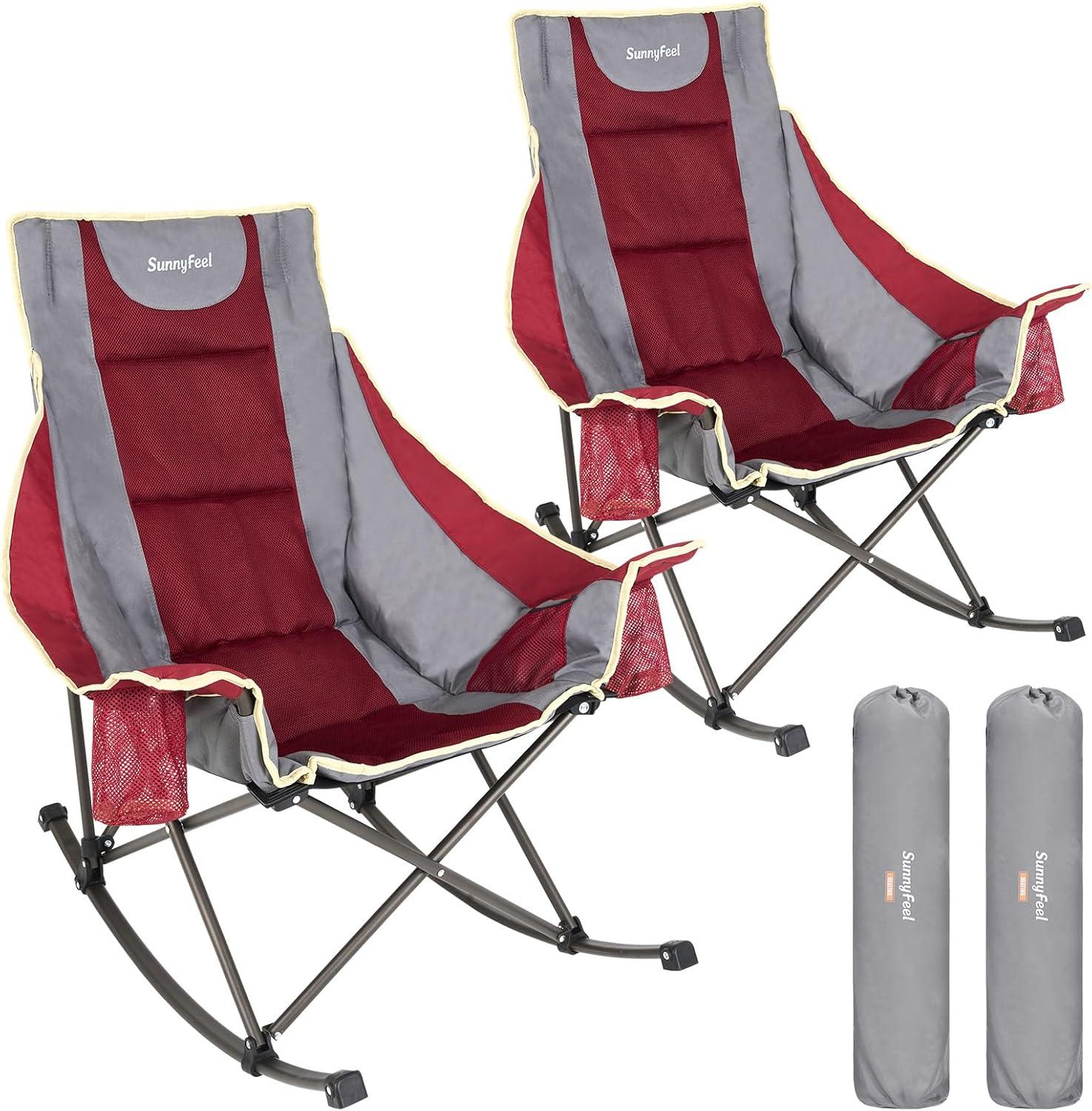 image:imageSUNNYFEEL Oversized Rocking Camping Chair Fully Padded Patio Chair with Side Pocket High Back Portable Lawn Recliner with Headrest Outdoor Camp Rocker Chairs for Adults Heavy Duty 500 LBS Carry BagMesh Red