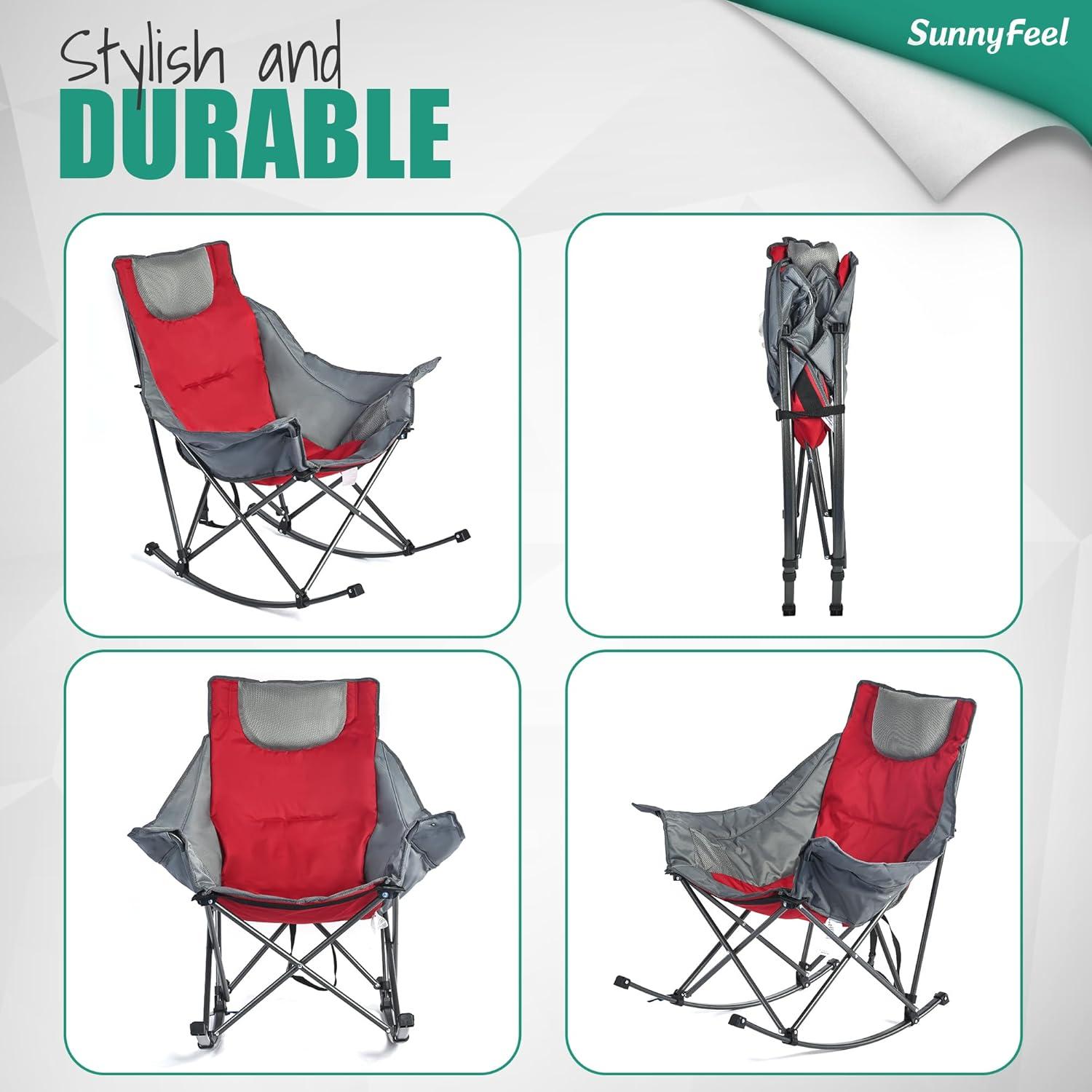image:imageSUNNYFEEL Oversized Rocking Camping Chair Fully Padded Patio Chair with Side Pocket High Back Portable Lawn Recliner with Headrest Outdoor Camp Rocker Chairs for Adults Heavy Duty 500 LBS Carry BagRed Grey