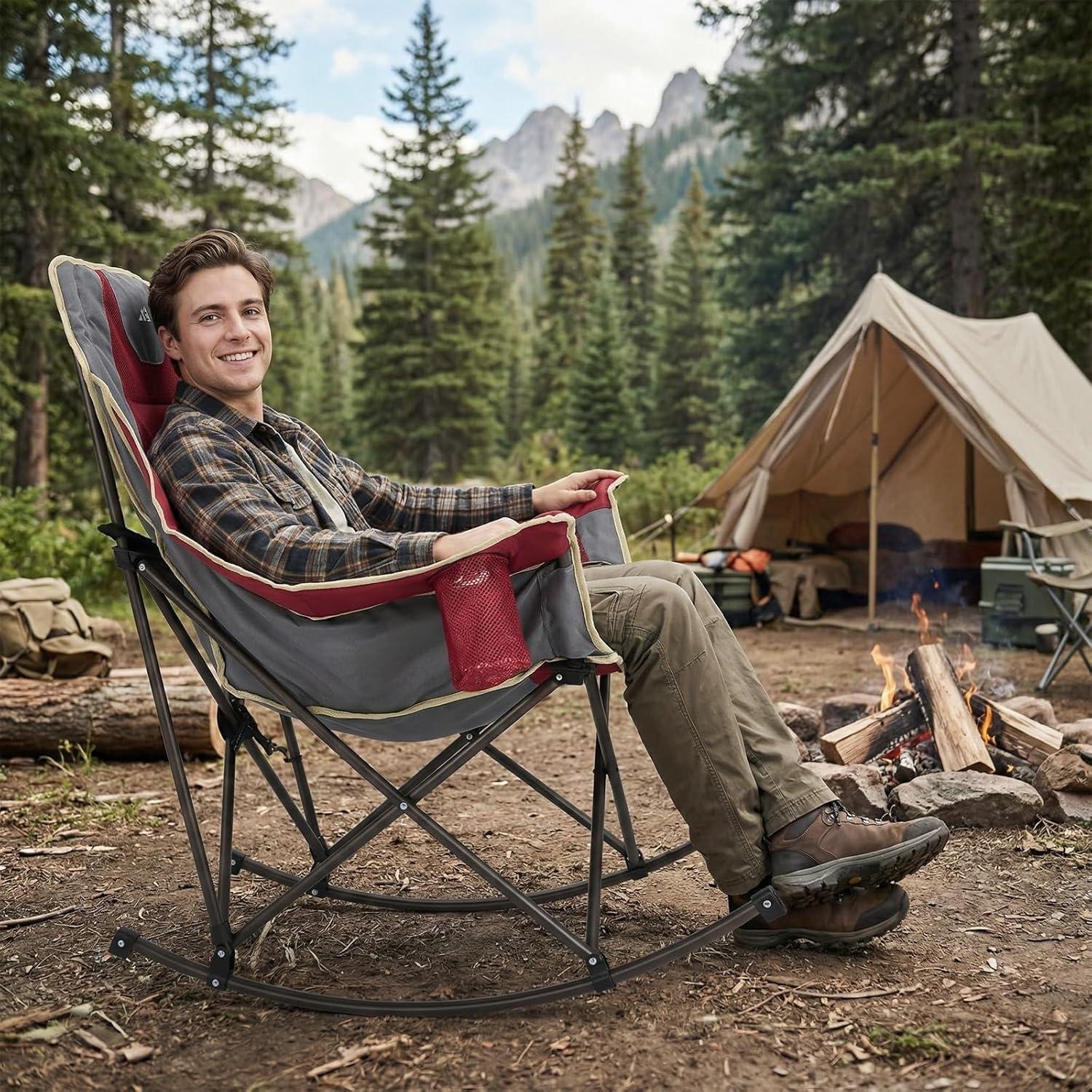 image:imageSUNNYFEEL Oversized Rocking Camping Chair Fully Padded Patio Chair with Side Pocket High Back Portable Lawn Recliner with Headrest Outdoor Camp Rocker Chairs for Adults Heavy Duty 500 LBS Carry BagMesh Red