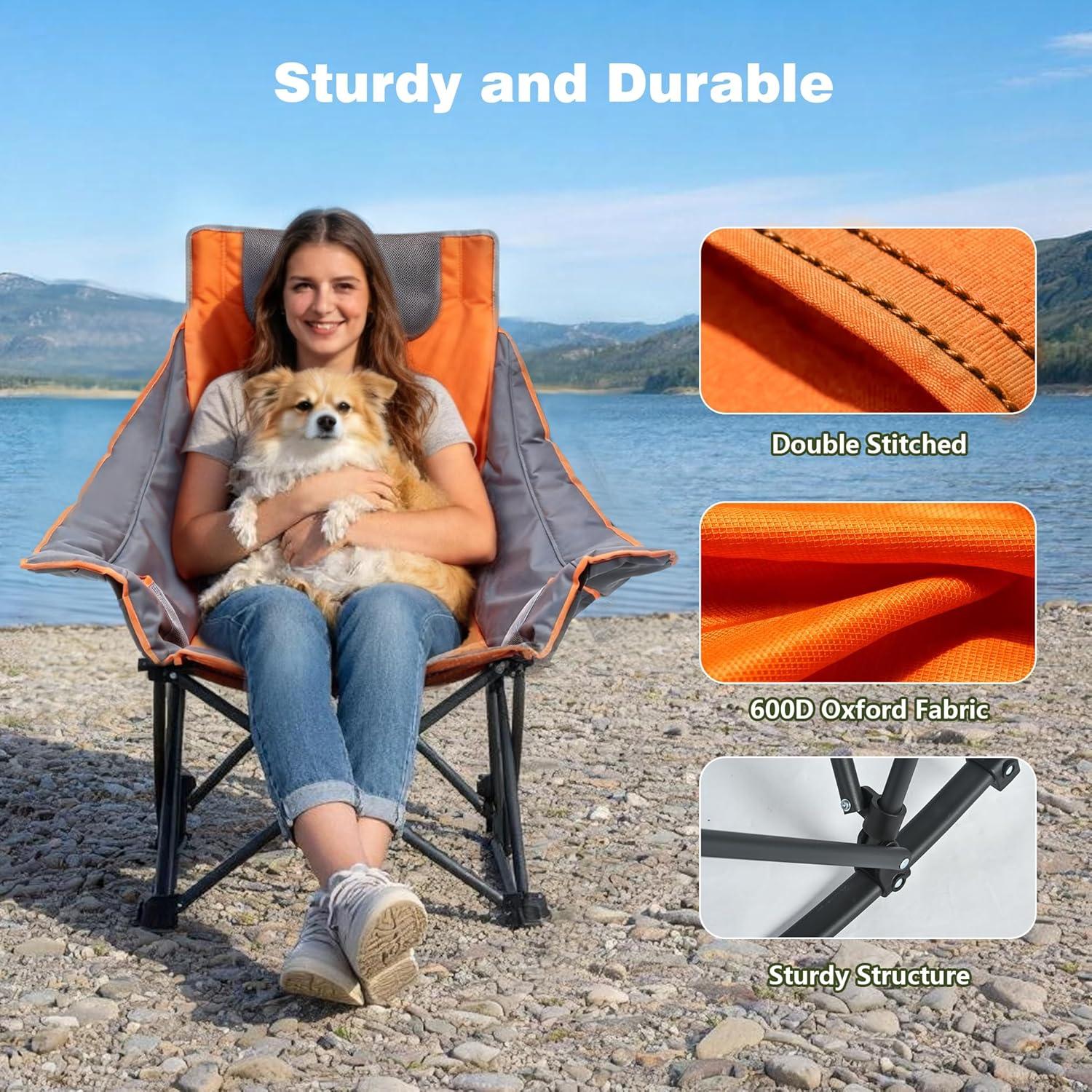 image:imageSUNNYFEEL Oversized Rocking Camping Chair Fully Padded Patio Chair with Side Pocket High Back Portable Lawn Recliner with Headrest Outdoor Camp Rocker Chairs for Adults Heavy Duty 500 LBS Carry BagOrange