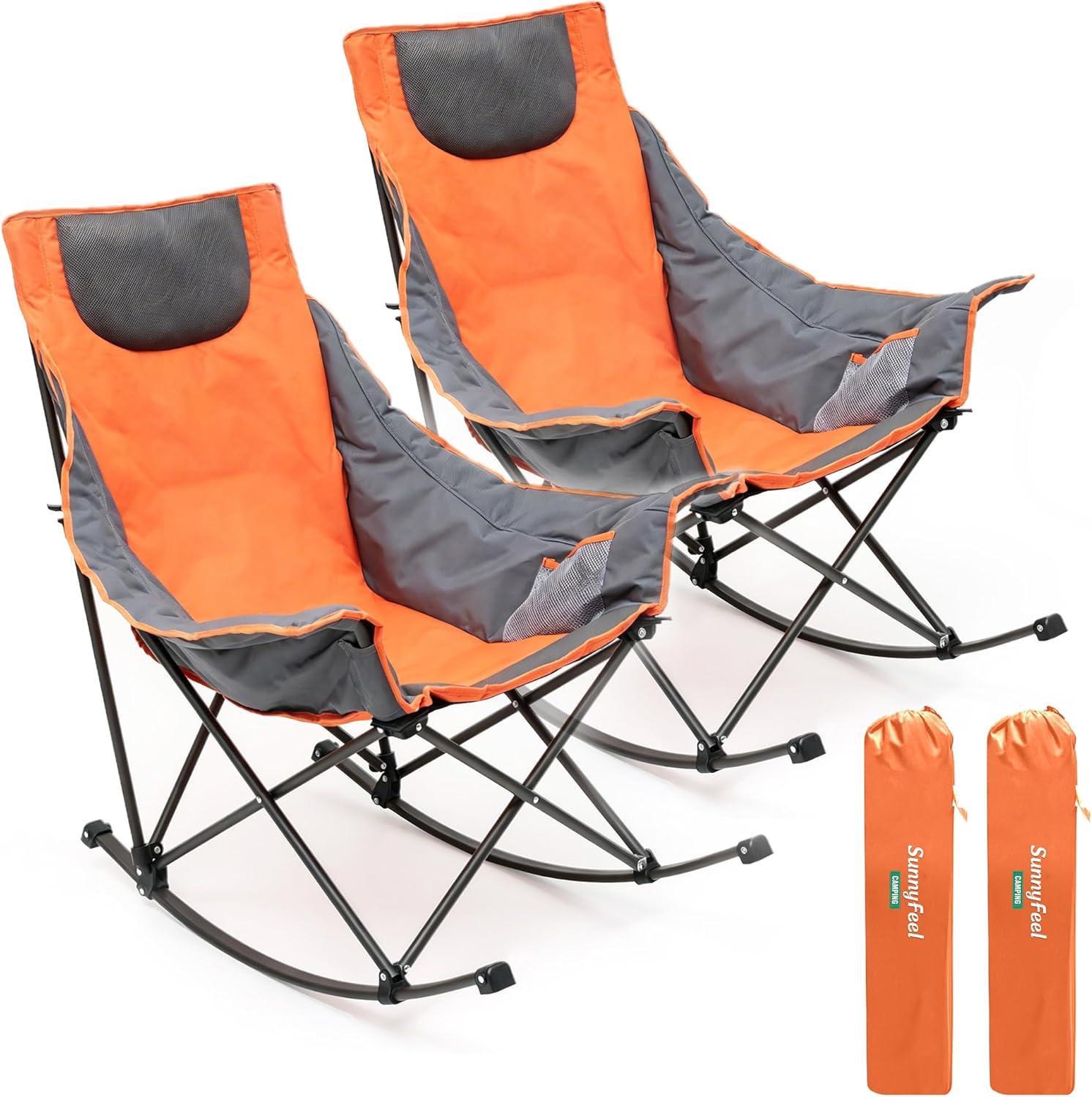 image:imageSUNNYFEEL Oversized Rocking Camping Chair Fully Padded Patio Chair with Side Pocket High Back Portable Lawn Recliner with Headrest Outdoor Camp Rocker Chairs for Adults Heavy Duty 500 LBS Carry BagOrange