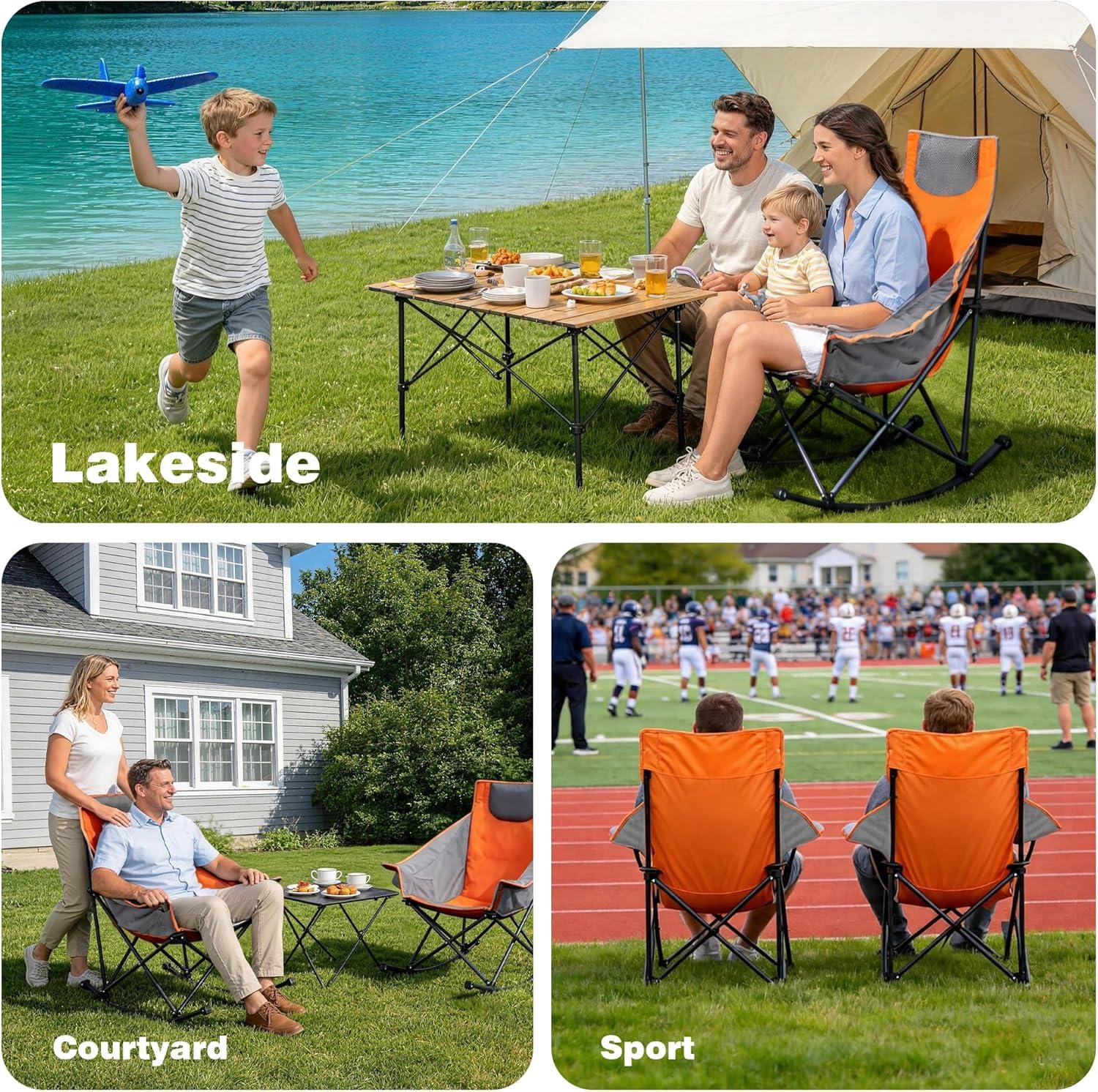 image:imageSUNNYFEEL Oversized Rocking Camping Chair Fully Padded Patio Chair with Side Pocket High Back Portable Lawn Recliner with Headrest Outdoor Camp Rocker Chairs for Adults Heavy Duty 500 LBS Carry BagOrange