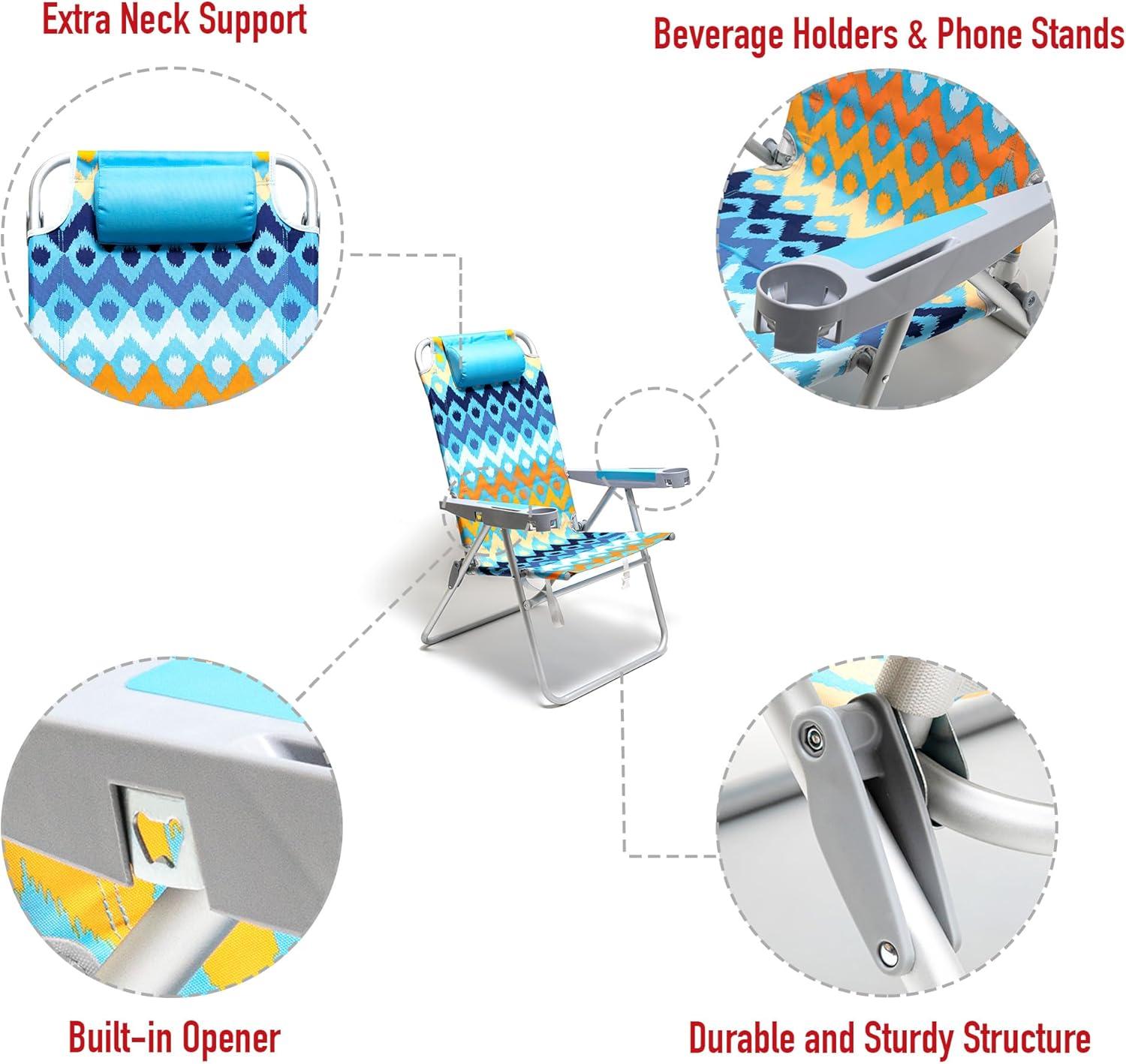image:imageSUNNYFEEL Oversized Tall Folding Beach Chair Lightweight 17 Portable Sand Chair for Adults Heavy Duty 500 LBS with Cup Holders Foldable High Camping Lawn Chairs for CampOutdoorPicnicSportsBlue Wave