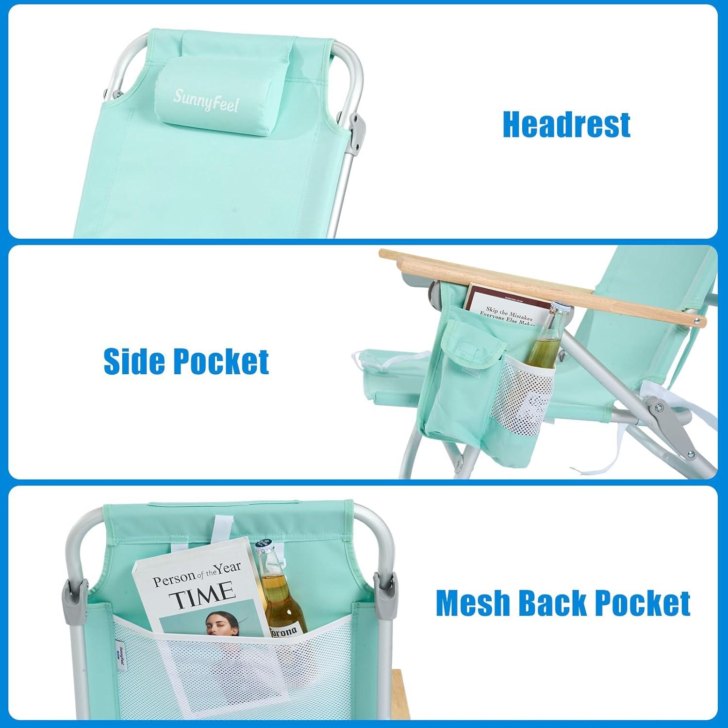 image:imageSUNNYFEEL Oversized Tall Folding Beach Chair Lightweight 17 Portable Sand Chair for Adults Heavy Duty 500 LBS with Cup Holders Foldable High Camping Lawn Chairs for CampOutdoorPicnicSportsGreen