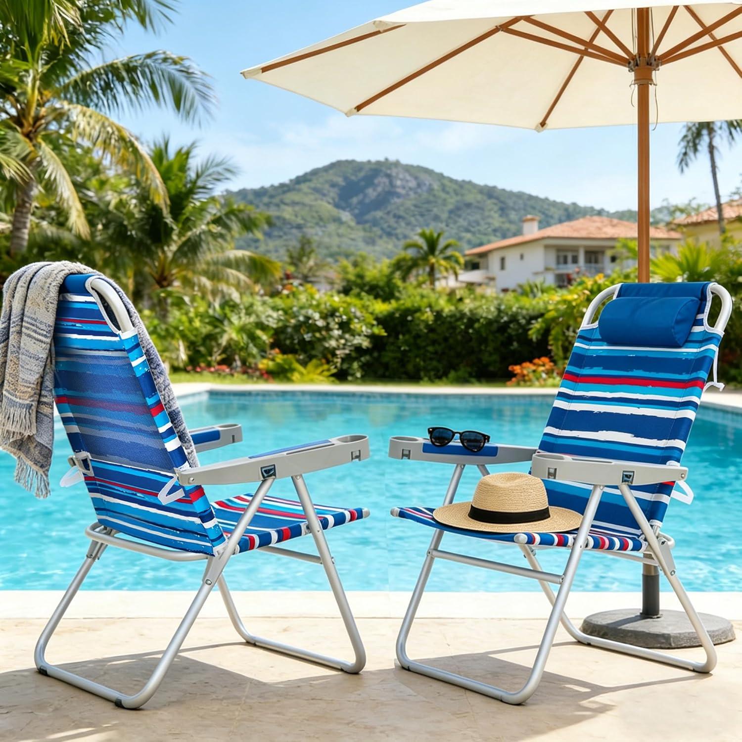 image:imageSUNNYFEEL Oversized Tall Folding Beach Chair Lightweight 17 Portable Sand Chair for Adults Heavy Duty 500 LBS with Cup Holders Foldable High Camping Lawn Chairs for CampOutdoorPicnicSportsDarkblue Stripe