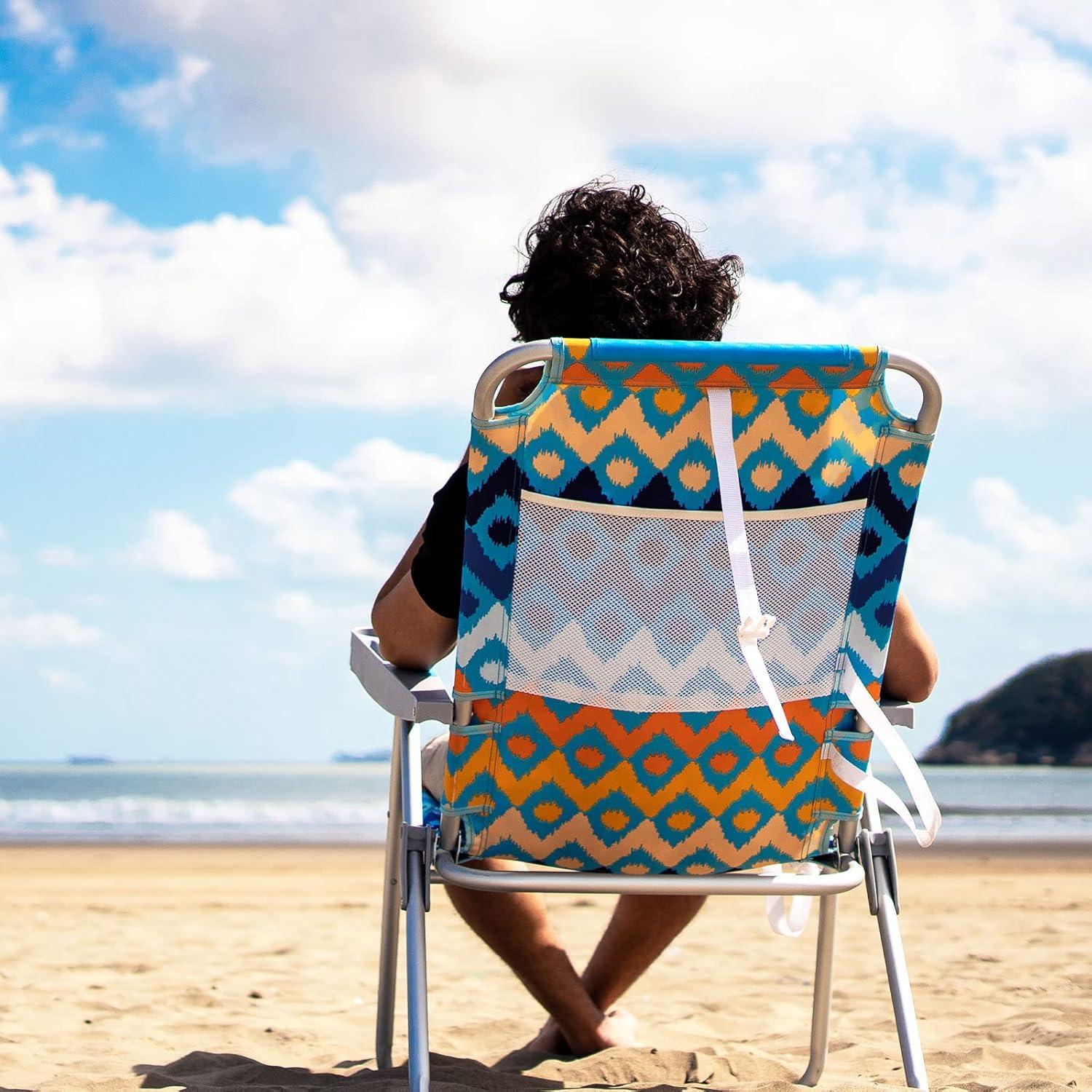 image:imageSUNNYFEEL Oversized Tall Folding Beach Chair Lightweight 17 Portable Sand Chair for Adults Heavy Duty 500 LBS with Cup Holders Foldable High Camping Lawn Chairs for CampOutdoorPicnicSportsBlue Wave