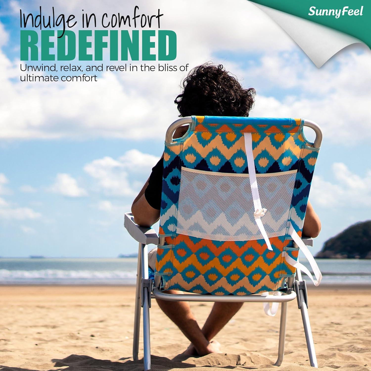 image:imageSUNNYFEEL Oversized Tall Folding Beach Chair Lightweight 17 Portable Sand Chair for Adults Heavy Duty 500 LBS with Cup Holders Foldable High Camping Lawn Chairs for CampOutdoorPicnicSportsBlue Wave2pack