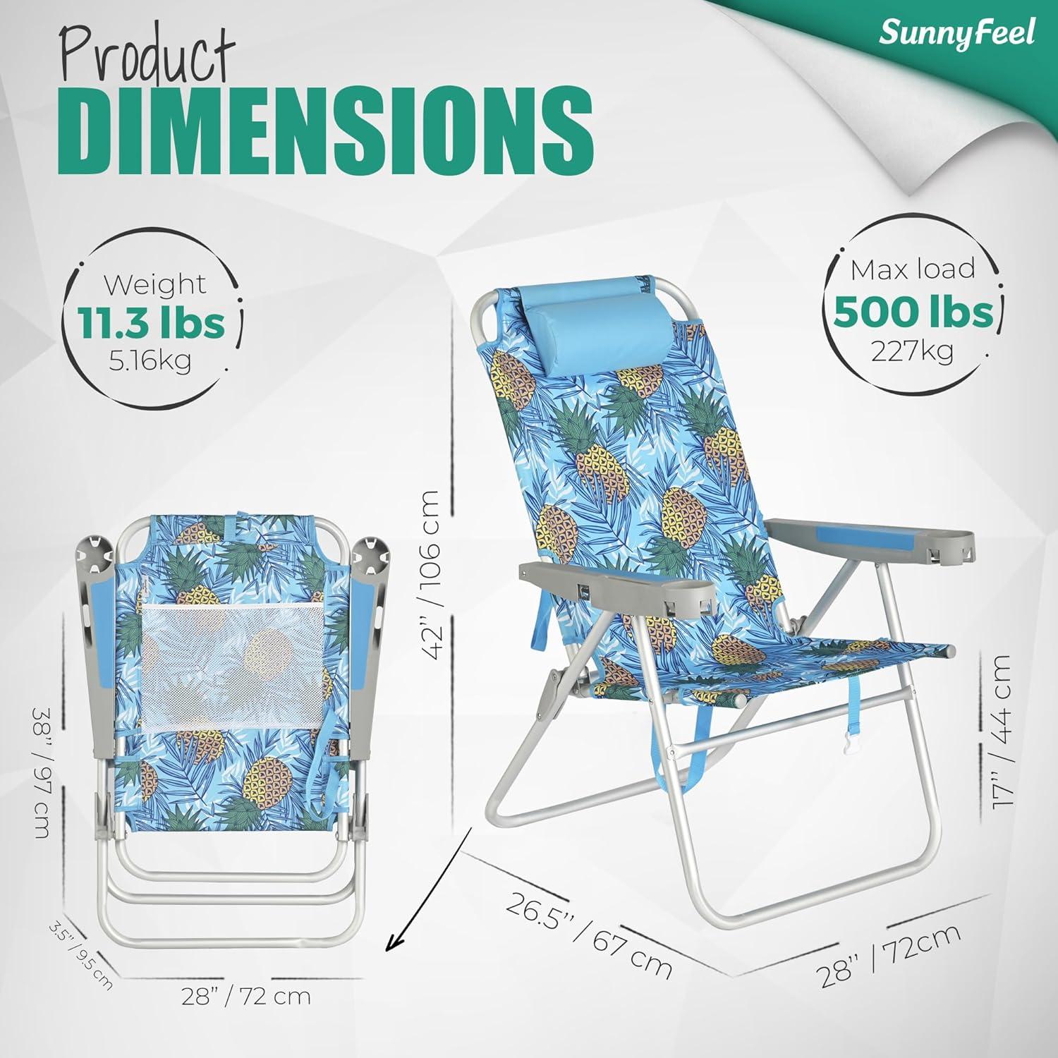 image:imageSUNNYFEEL Oversized Tall Folding Beach Chair Lightweight 17 Portable Sand Chair for Adults Heavy Duty 500 LBS with Cup Holders Foldable High Camping Lawn Chairs for CampOutdoorPicnicSportsBlue Pineapple
