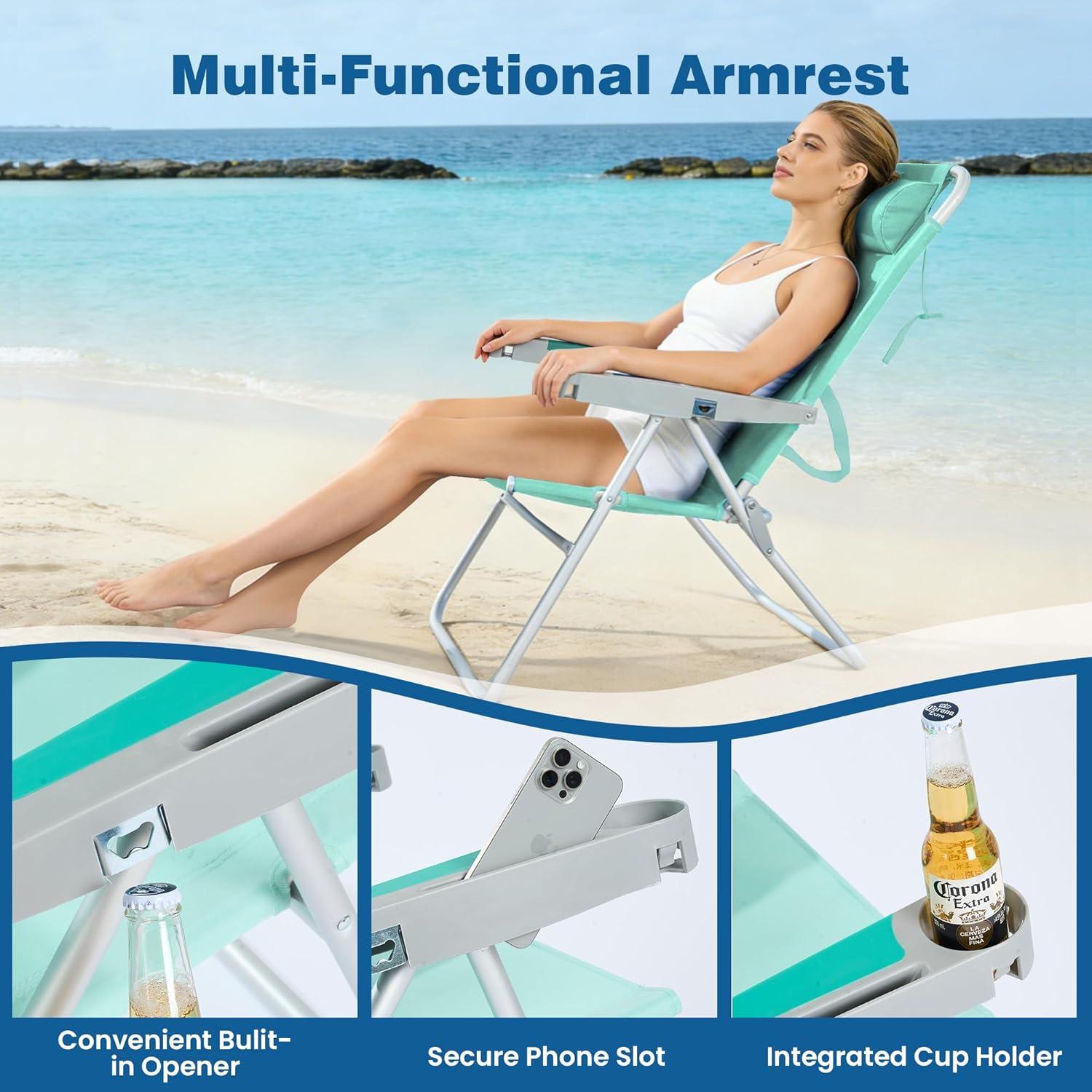 image:imageSUNNYFEEL Oversized Tall Folding Beach Chair Lightweight 17 Portable Sand Chair for Adults Heavy Duty 500 LBS with Cup Holders Foldable High Camping Lawn Chairs for CampOutdoorPicnicSportsTeal2pack