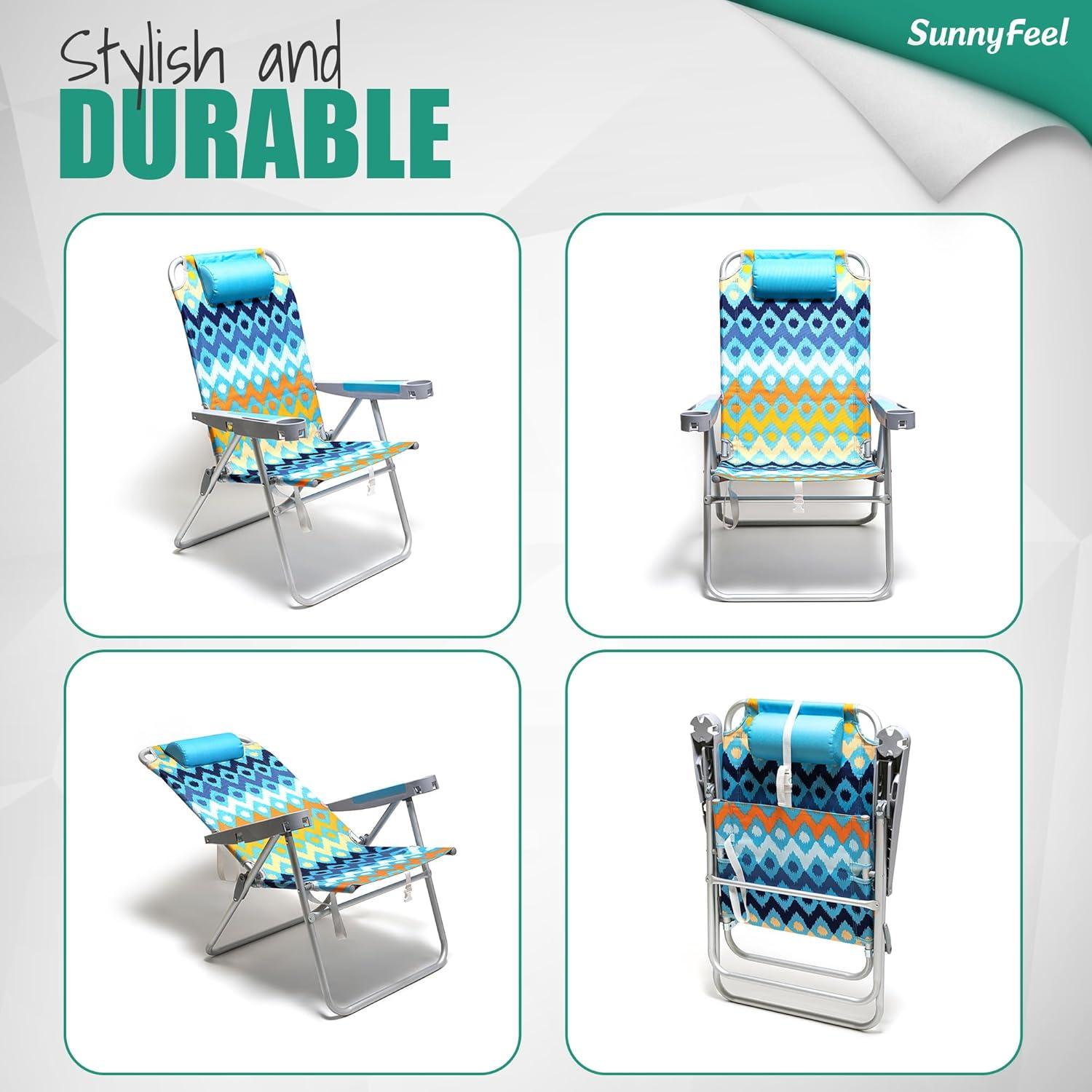 image:imageSUNNYFEEL Oversized Tall Folding Beach Chair Lightweight 17 Portable Sand Chair for Adults Heavy Duty 500 LBS with Cup Holders Foldable High Camping Lawn Chairs for CampOutdoorPicnicSportsBlue Wave2pack