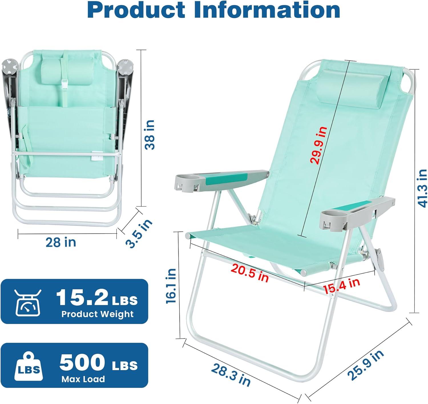 image:imageSUNNYFEEL Oversized Tall Folding Beach Chair Lightweight 17 Portable Sand Chair for Adults Heavy Duty 500 LBS with Cup Holders Foldable High Camping Lawn Chairs for CampOutdoorPicnicSportsTeal2pack