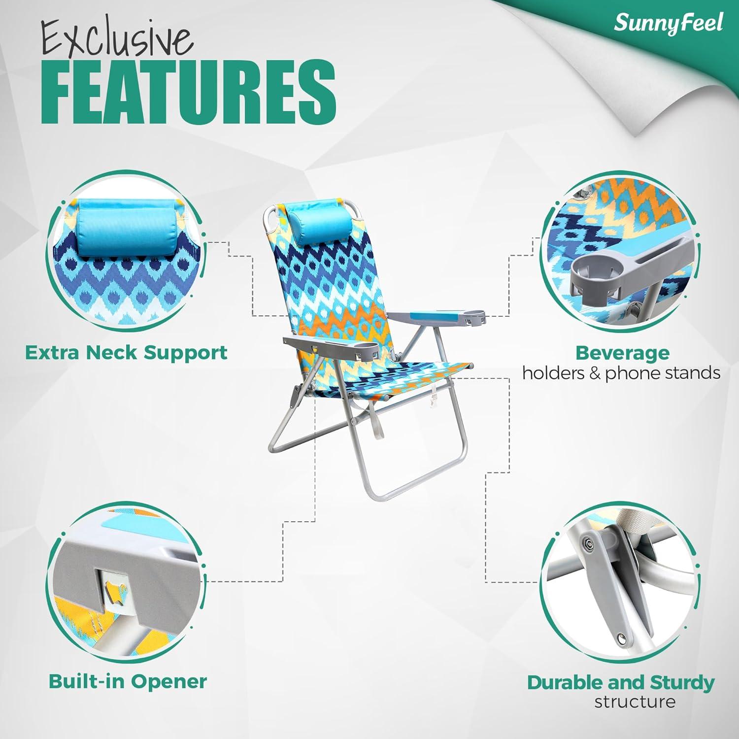 image:imageSUNNYFEEL Oversized Tall Folding Beach Chair Lightweight 17 Portable Sand Chair for Adults Heavy Duty 500 LBS with Cup Holders Foldable High Camping Lawn Chairs for CampOutdoorPicnicSportsBlue Wave2pack