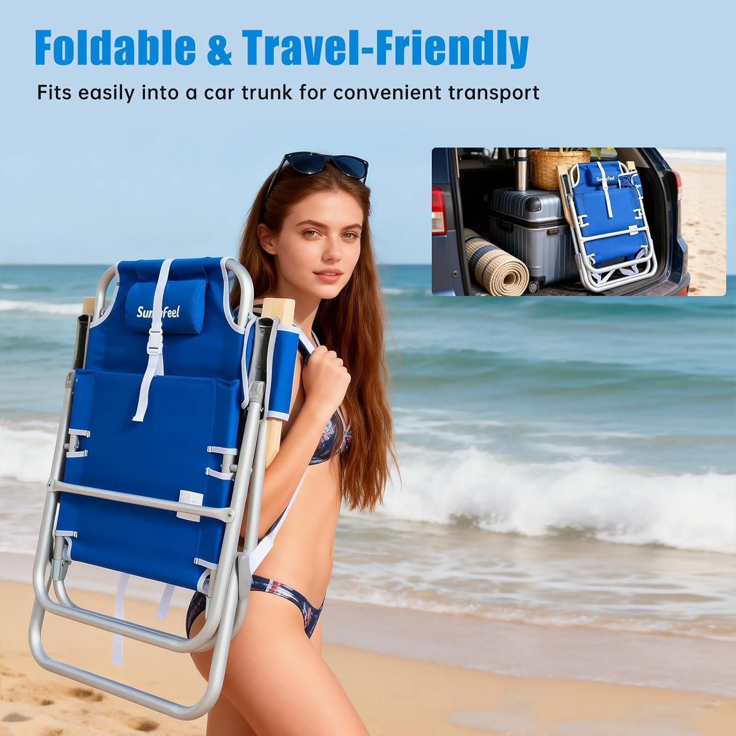 image:imageSUNNYFEEL Oversized Tall Folding Beach Chair Lightweight 17 Portable Sand Chair for Adults Heavy Duty 500 LBS with Cup Holders Foldable High Camping Lawn Chairs for CampOutdoorPicnicSportsBlue