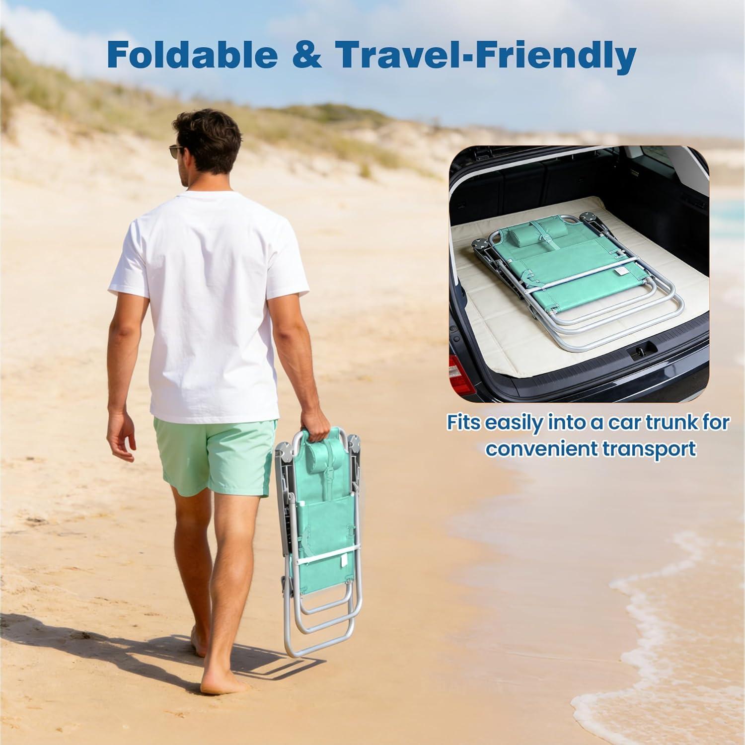 image:imageSUNNYFEEL Oversized Tall Folding Beach Chair Lightweight 17 Portable Sand Chair for Adults Heavy Duty 500 LBS with Cup Holders Foldable High Camping Lawn Chairs for CampOutdoorPicnicSportsTeal