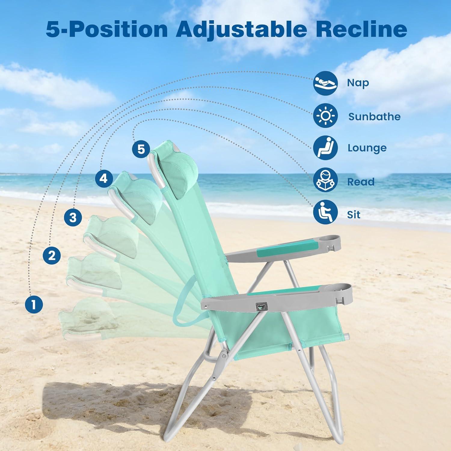 image:imageSUNNYFEEL Oversized Tall Folding Beach Chair Lightweight 17 Portable Sand Chair for Adults Heavy Duty 500 LBS with Cup Holders Foldable High Camping Lawn Chairs for CampOutdoorPicnicSportsTeal