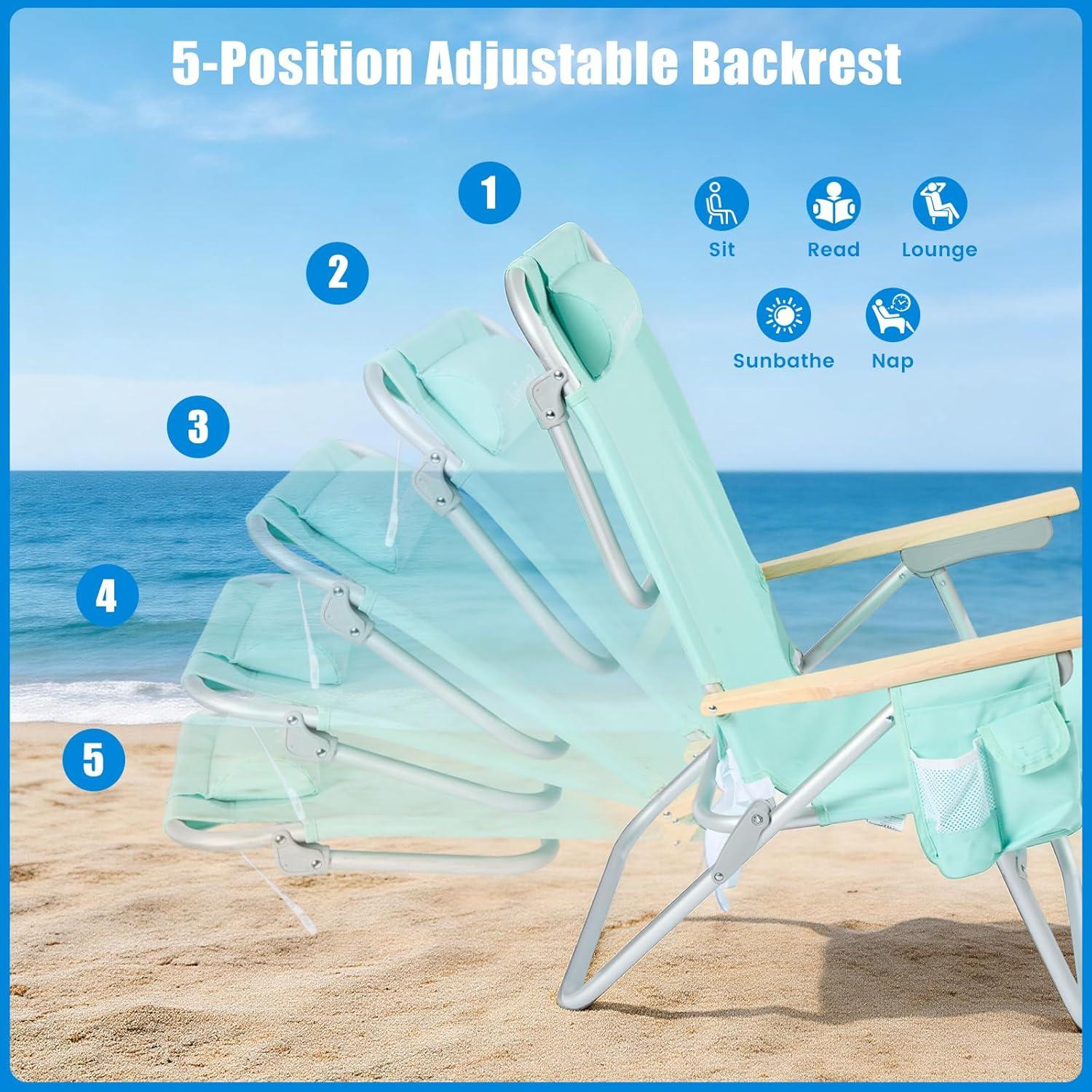 image:imageSUNNYFEEL Oversized Tall Folding Beach Chair Lightweight 17 Portable Sand Chair for Adults Heavy Duty 500 LBS with Cup Holders Foldable High Camping Lawn Chairs for CampOutdoorPicnicSportsGreen
