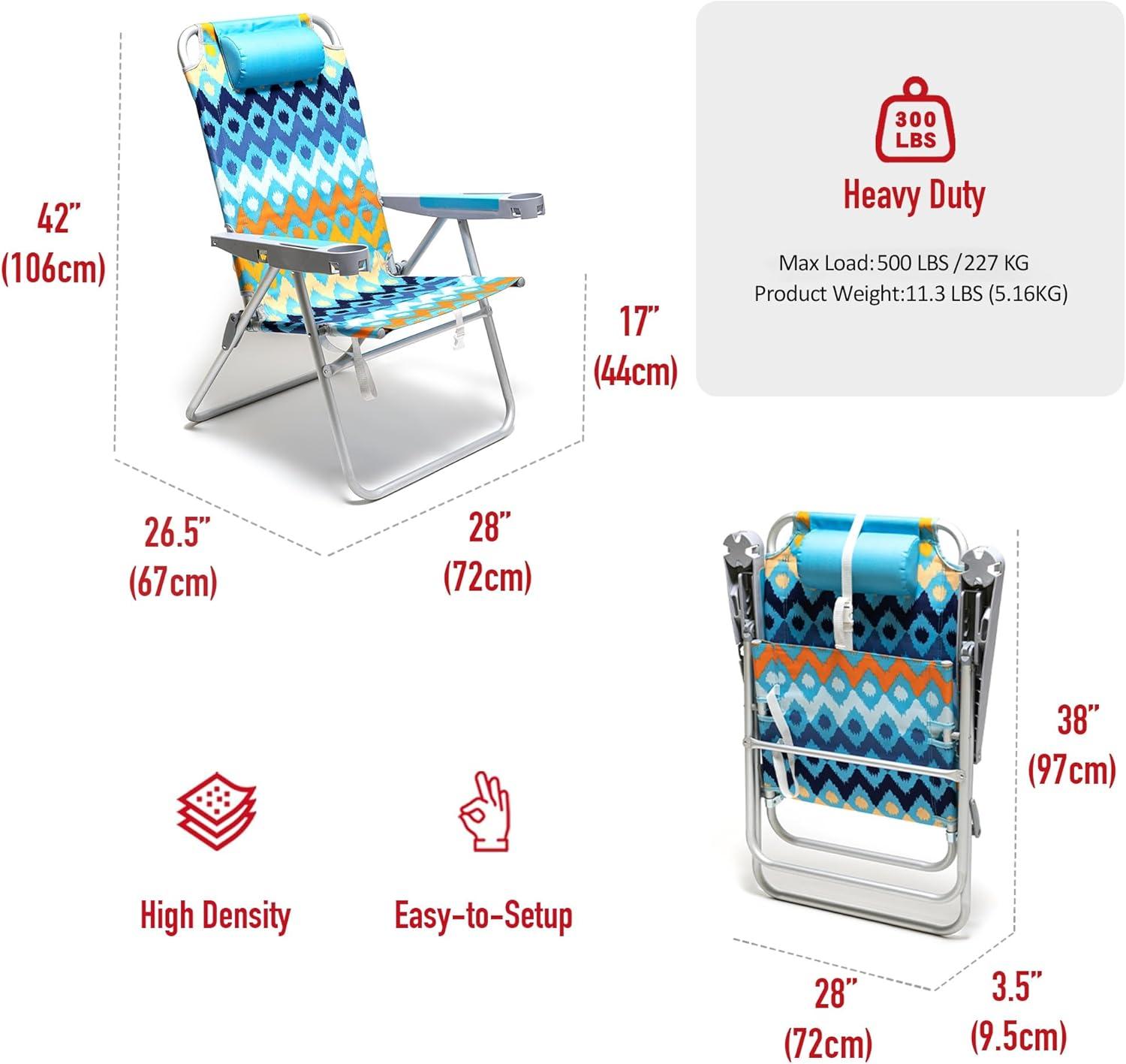 image:imageSUNNYFEEL Oversized Tall Folding Beach Chair Lightweight 17 Portable Sand Chair for Adults Heavy Duty 500 LBS with Cup Holders Foldable High Camping Lawn Chairs for CampOutdoorPicnicSportsBlue Wave