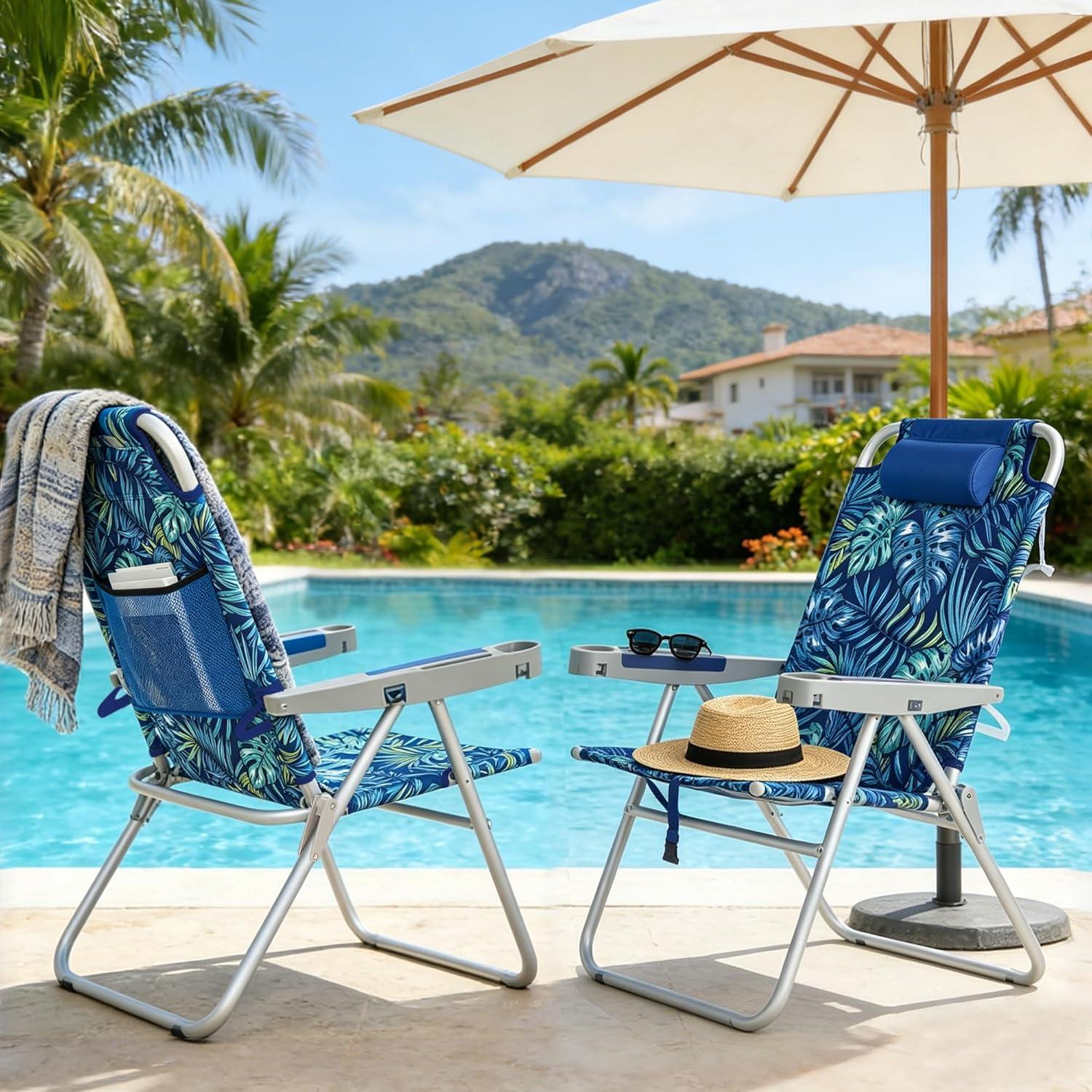 image:imageSUNNYFEEL Oversized Tall Folding Beach Chair Lightweight 17 Portable Sand Chair for Adults Heavy Duty 500 LBS with Cup Holders Foldable High Camping Lawn Chairs for CampOutdoorPicnicSportsRainforest2pack