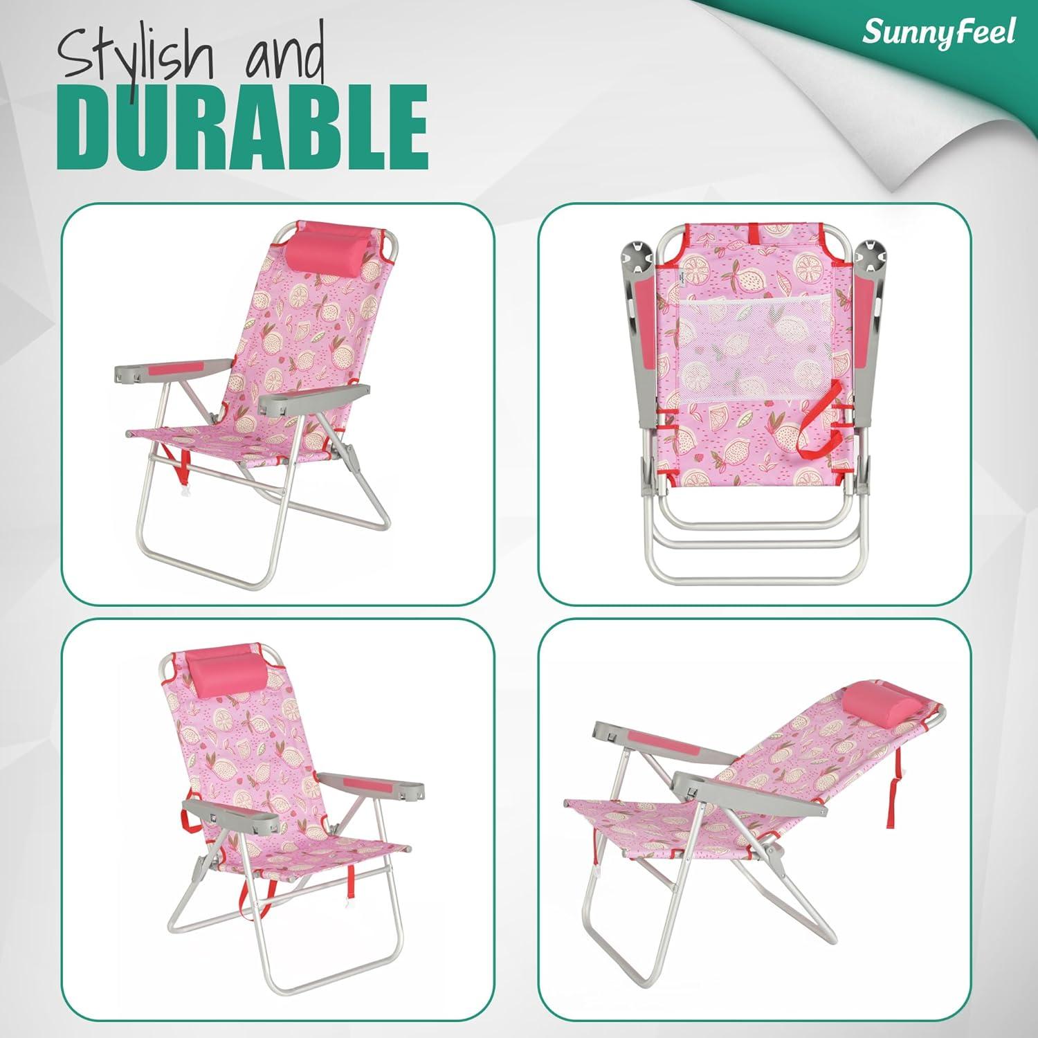 image:imageSUNNYFEEL Oversized Tall Folding Beach Chair Lightweight 17 Portable Sand Chair for Adults Heavy Duty 500 LBS with Cup Holders Foldable High Camping Lawn Chairs for CampOutdoorPicnicSportsPink Lemon2pack