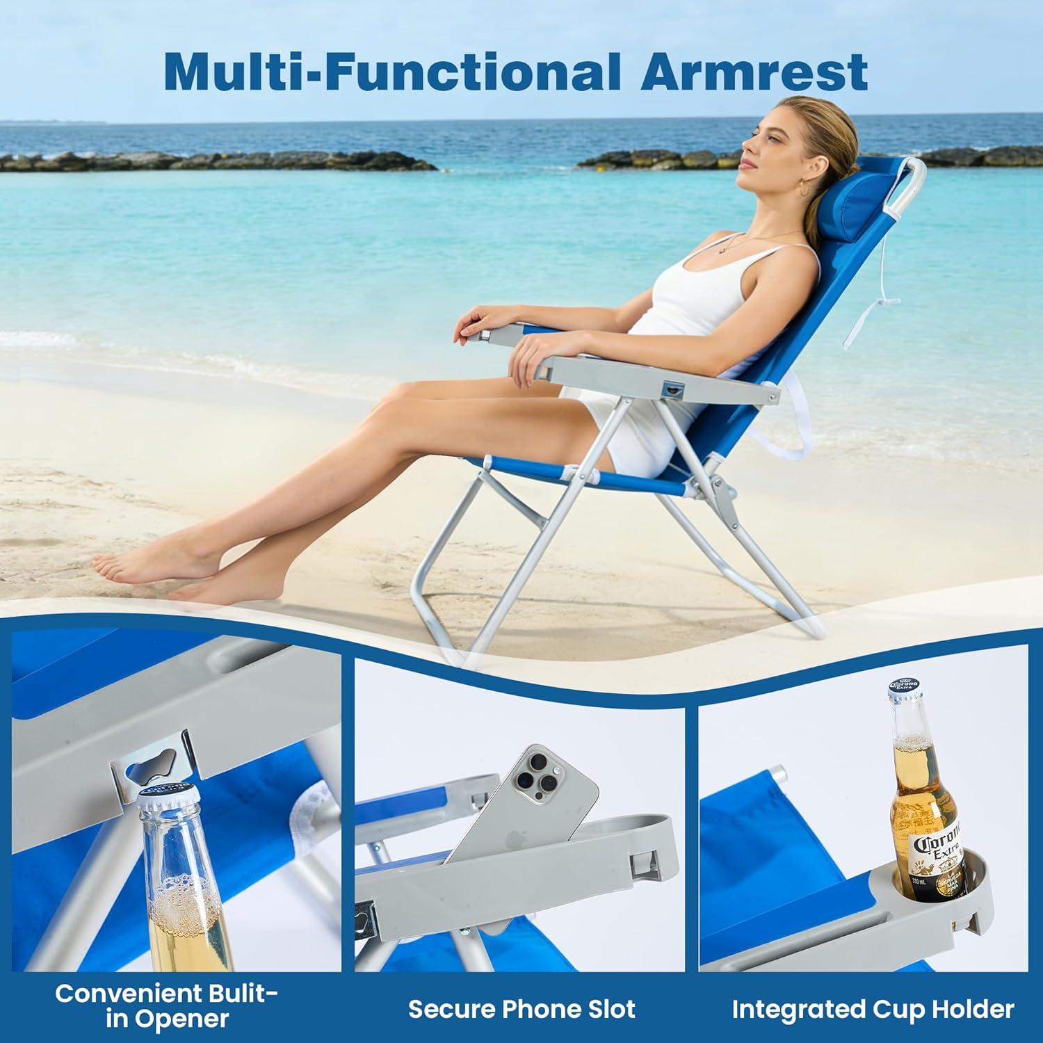 image:imageSUNNYFEEL Oversized Tall Folding Beach Chair Lightweight 17 Portable Sand Chair for Adults Heavy Duty 500 LBS with Cup Holders Foldable High Camping Lawn Chairs for CampOutdoorPicnicSportsNavy Blue