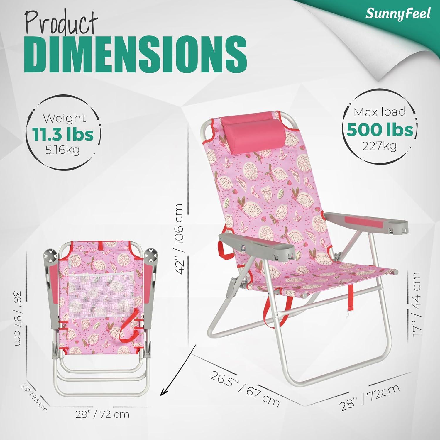 image:imageSUNNYFEEL Oversized Tall Folding Beach Chair Lightweight 17 Portable Sand Chair for Adults Heavy Duty 500 LBS with Cup Holders Foldable High Camping Lawn Chairs for CampOutdoorPicnicSportsPink Lemon